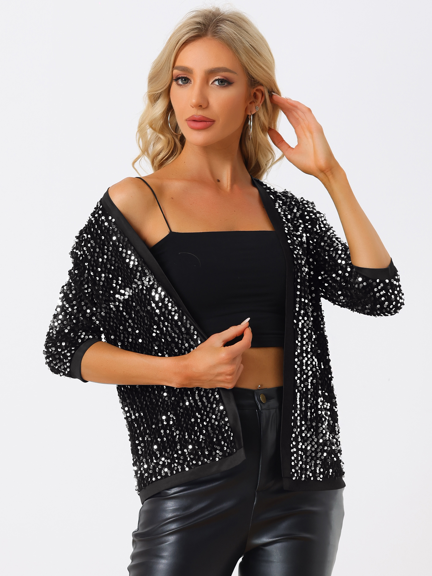 Sequin Open Front Collarless 3/4 Sleeve Velvet Jacket Silver/XS