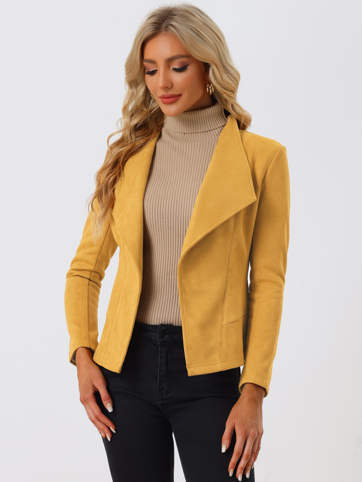 Faux Suede Jacket Open Front Lapel Draped Outwear Cardigan Mustard/S