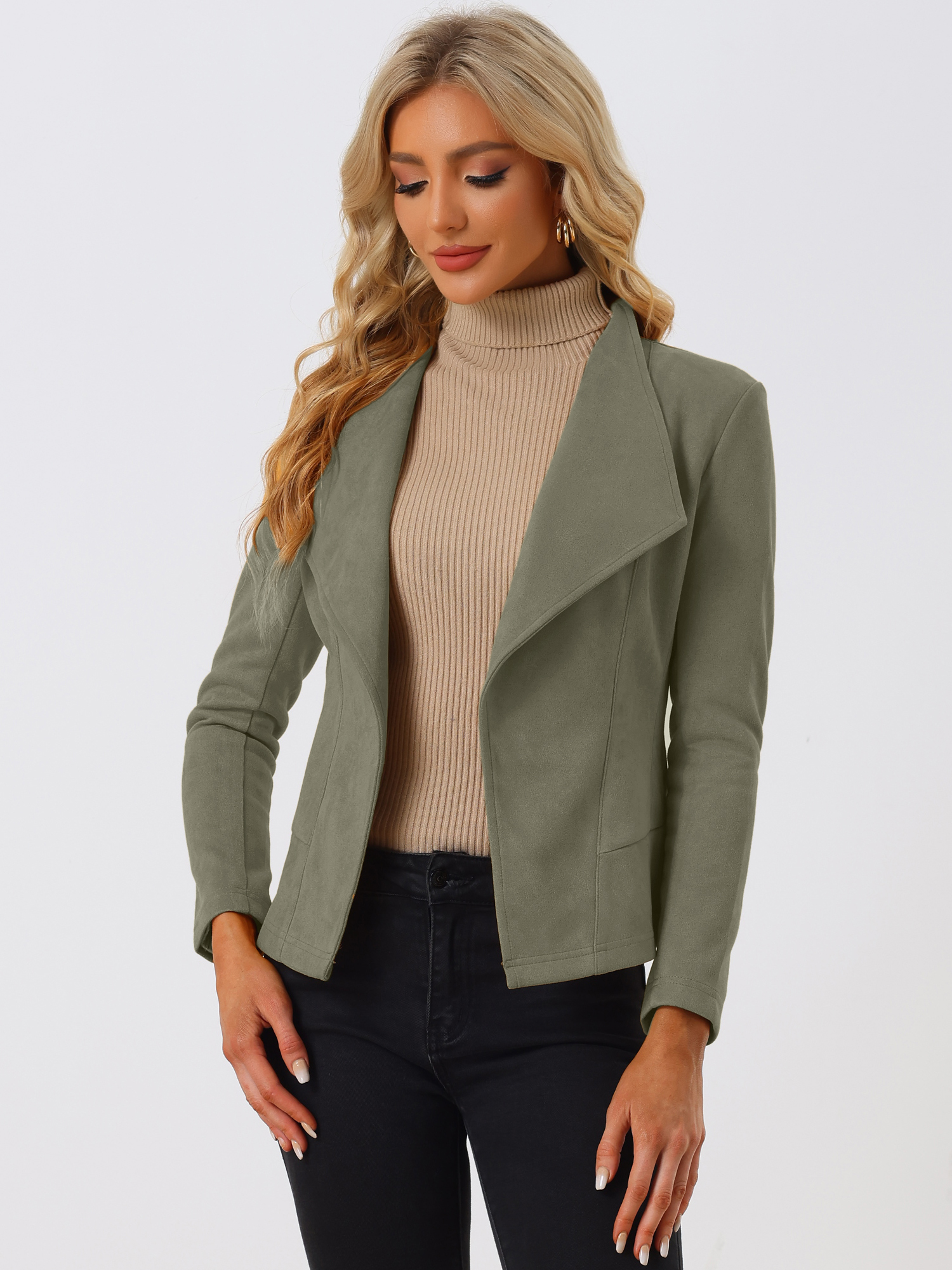 Faux Suede Jacket Open Front Lapel Draped Outwear Cardigan Olive Green/S