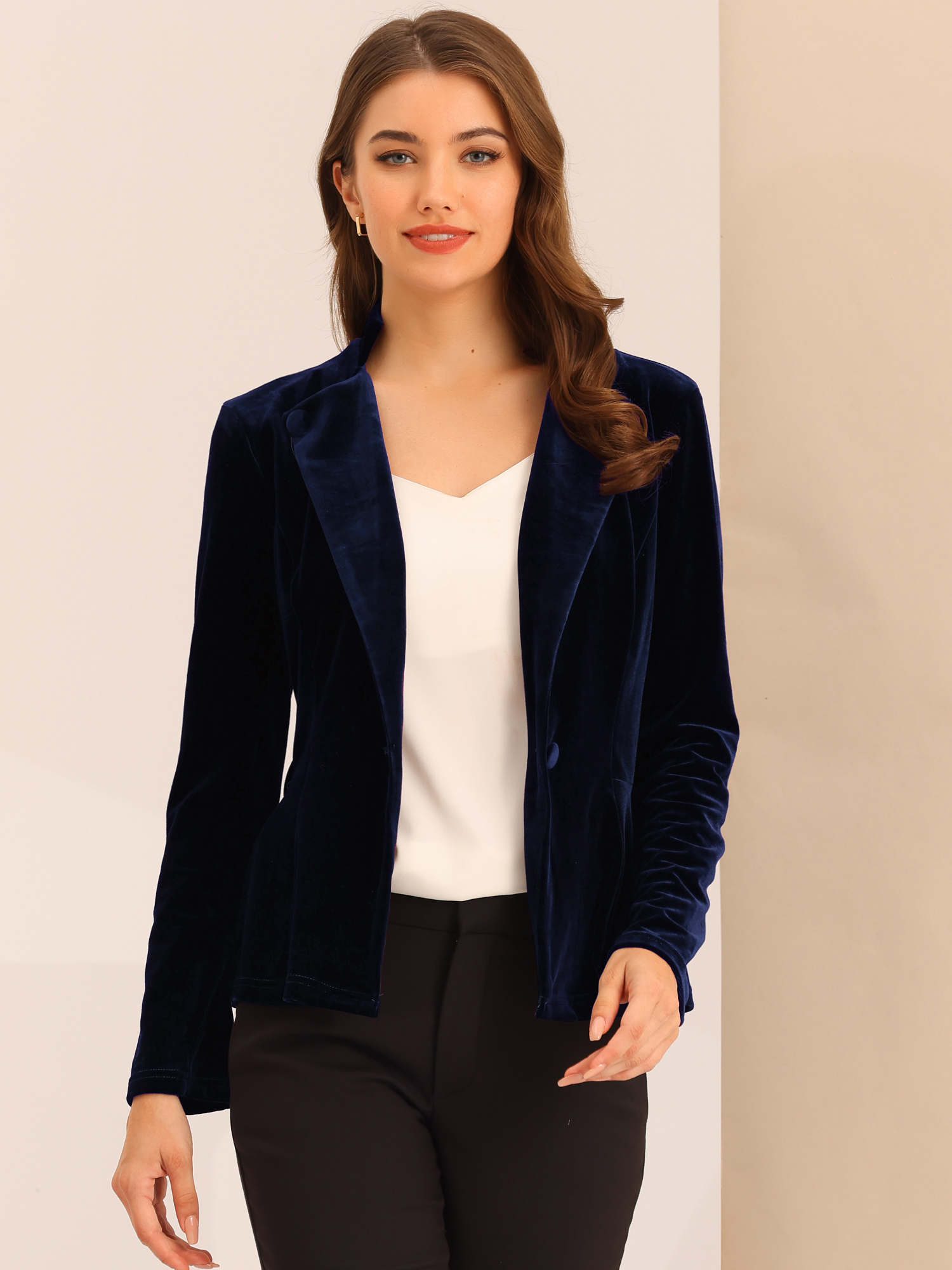 Work Office Velvet Belted Lapel Collar Blazer Jacket Deep Blue/XL
