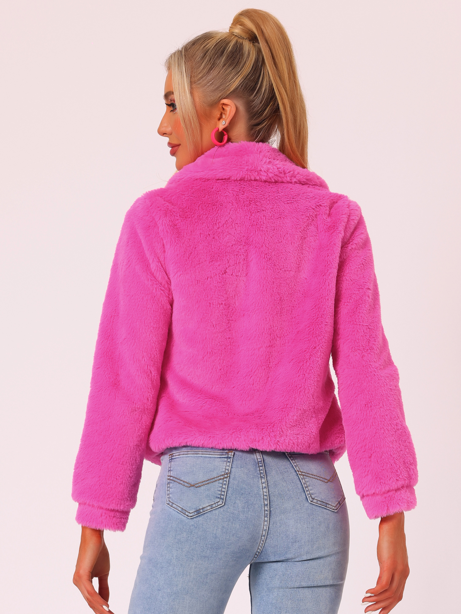 Winter Cropped Jacket Lapel Long Sleeve Faux Fur Fluffy Coat Hot Pink/M
