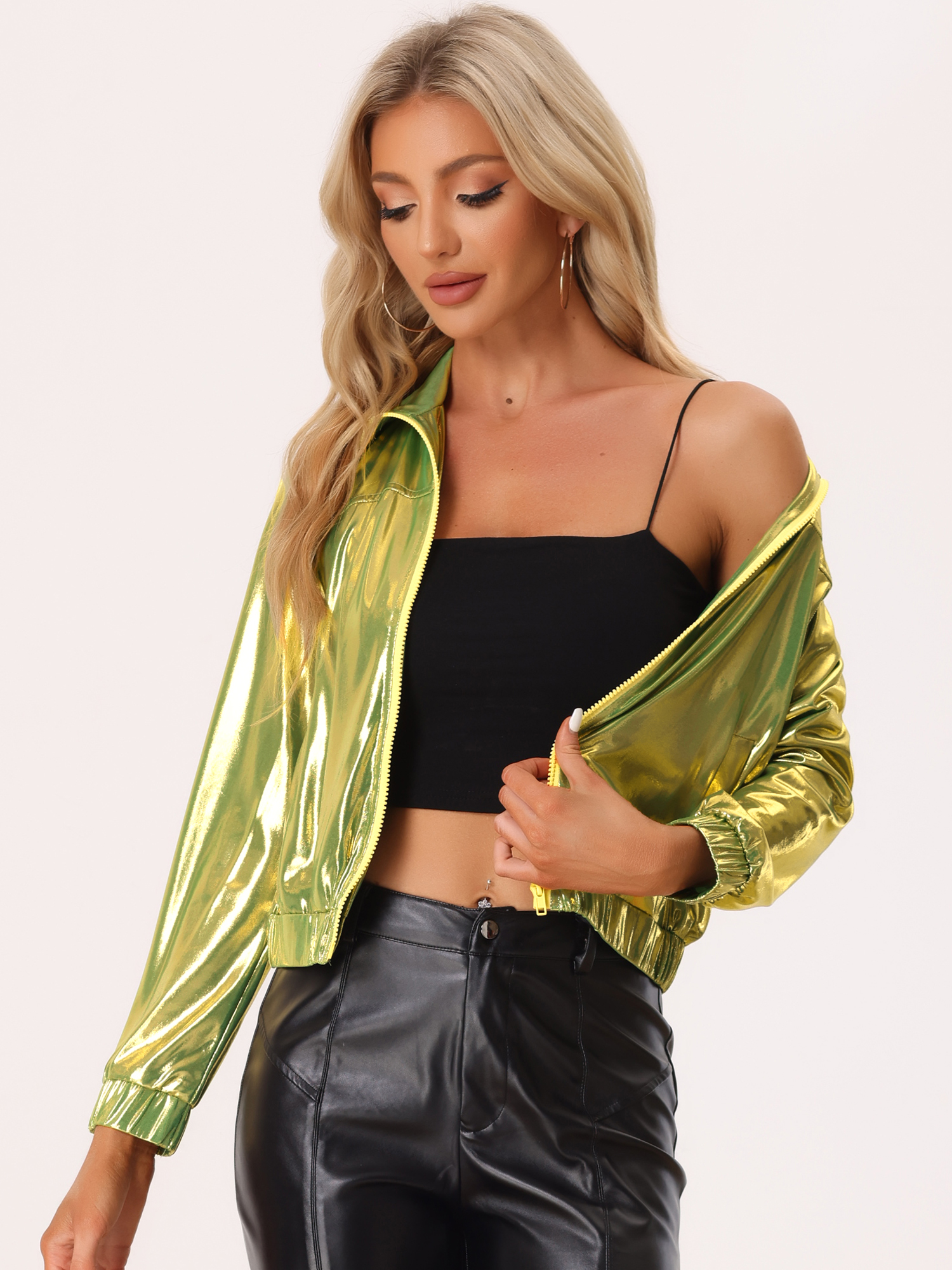 Holographic Long Sleeve Lightweight Zipper Metallic Jacket Green Gold/L