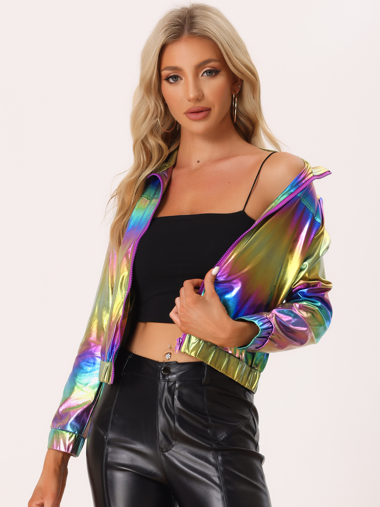 Holographic Long Sleeve Lightweight Zipper Metallic Jacket Multicolor/M
