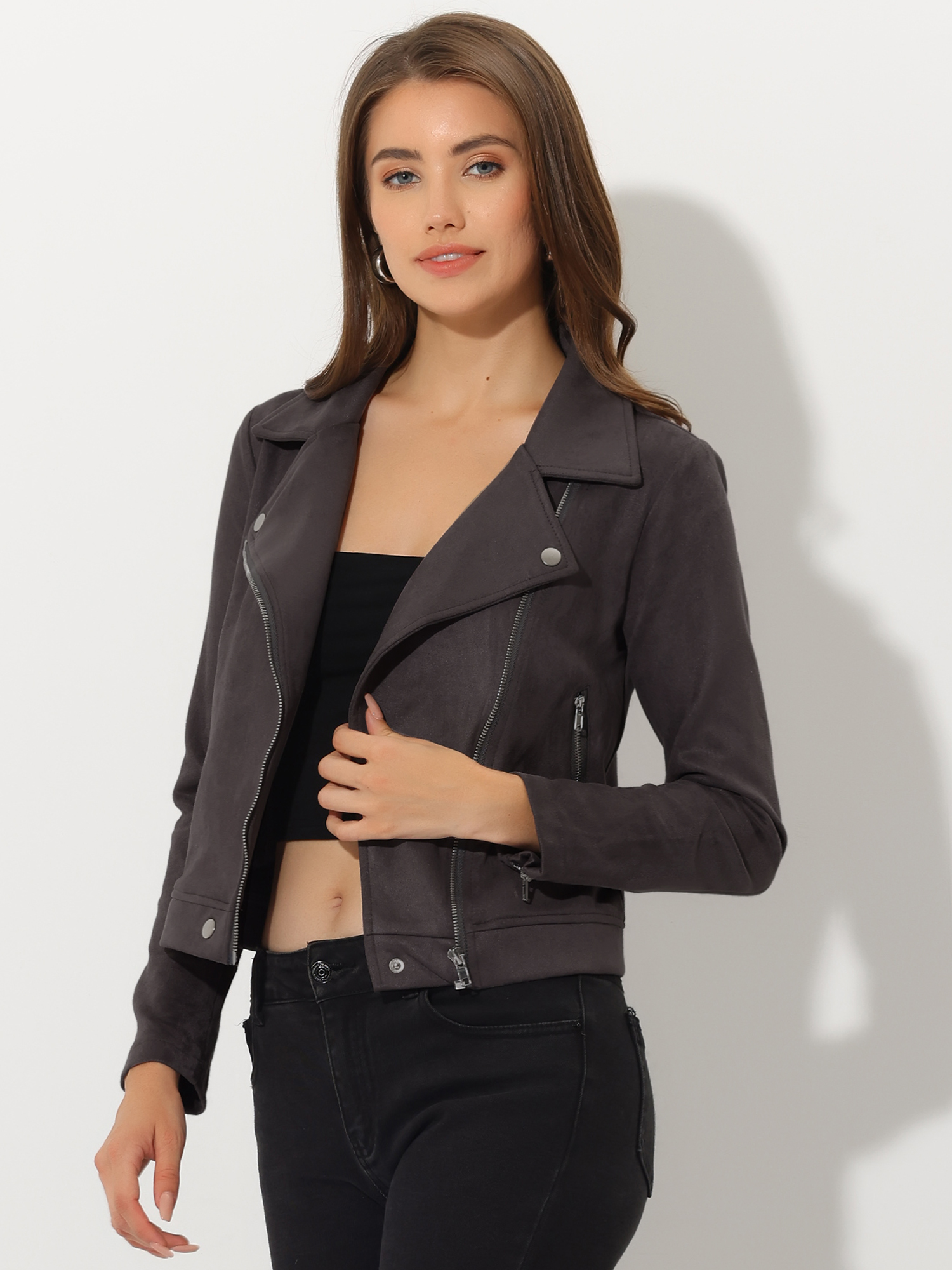Casual Short Soft Zip Up Faux Suede Biker Moto Jacket Dark Gray/M