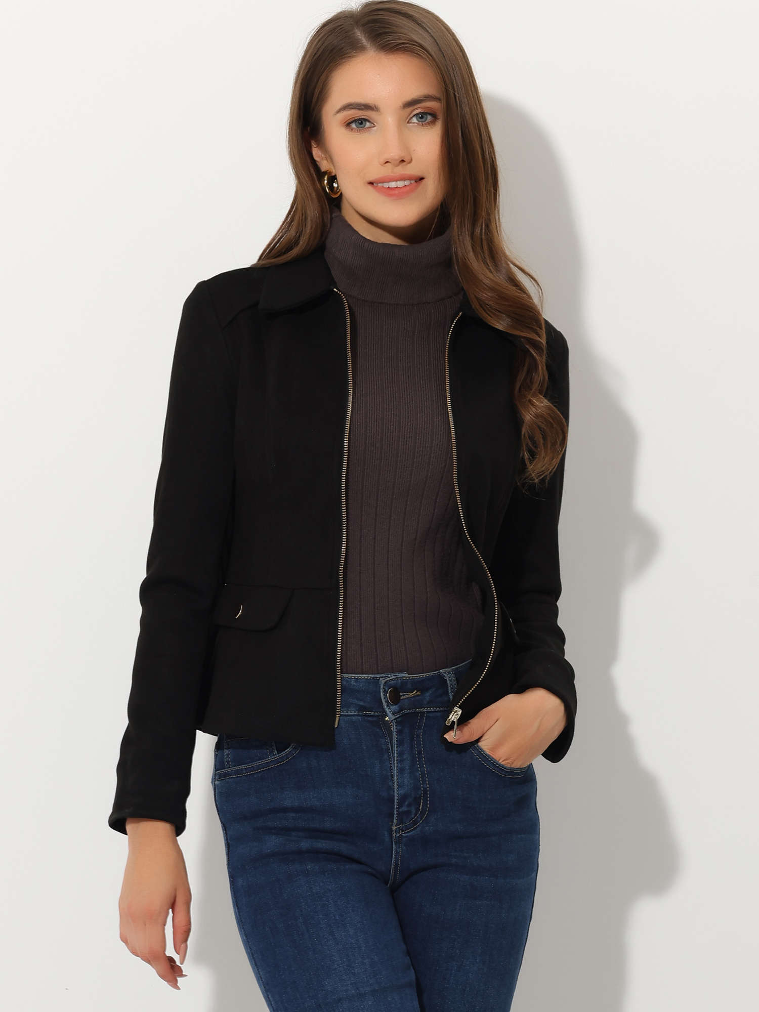 Faux Suede Jacket Short Zip Up Motorcycle Biker Coat Black/S