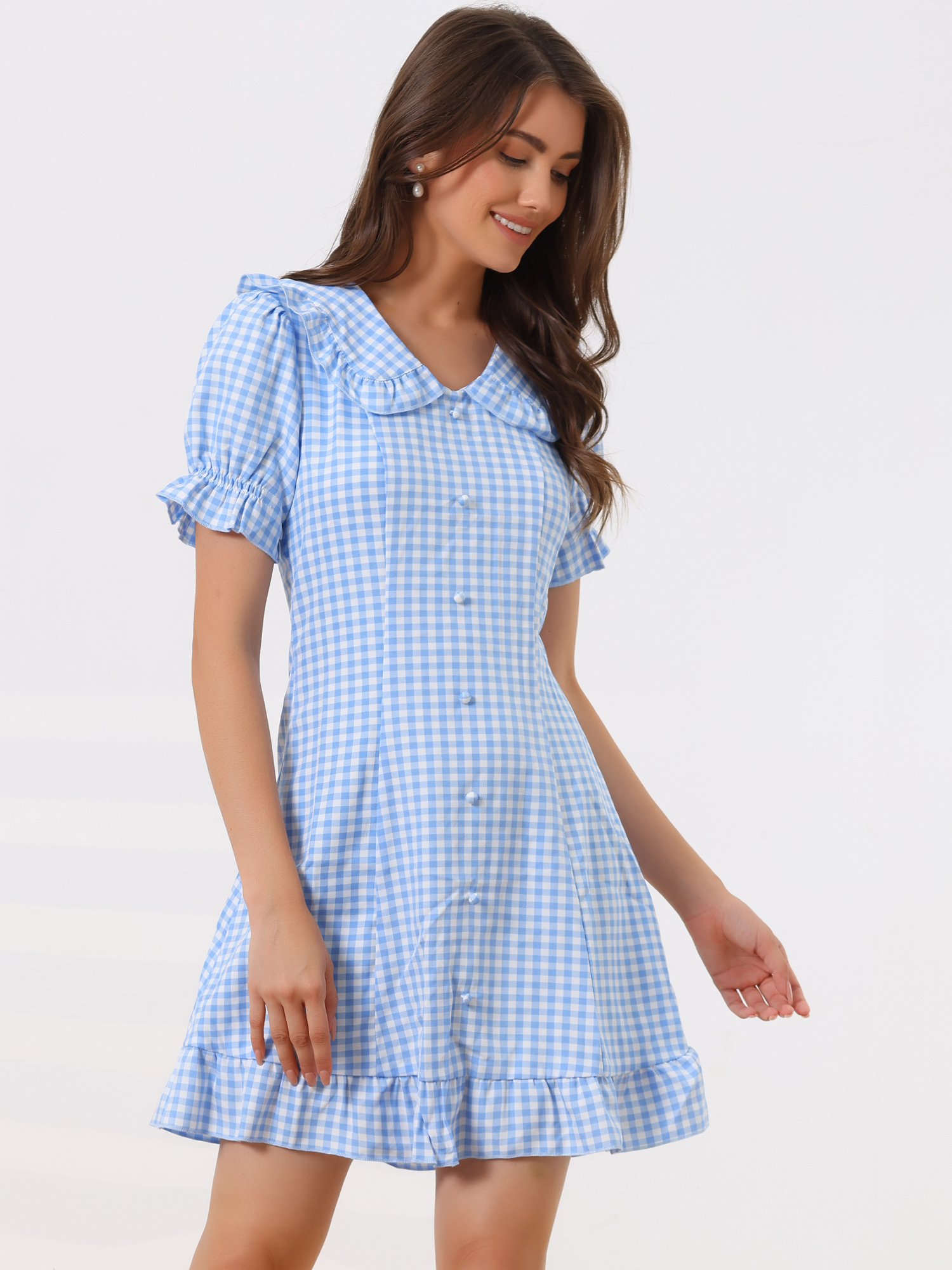 Gingham Checks Ruffled Peter Pan Collar 1960s Vintage Mini Dress Light Blue/XS