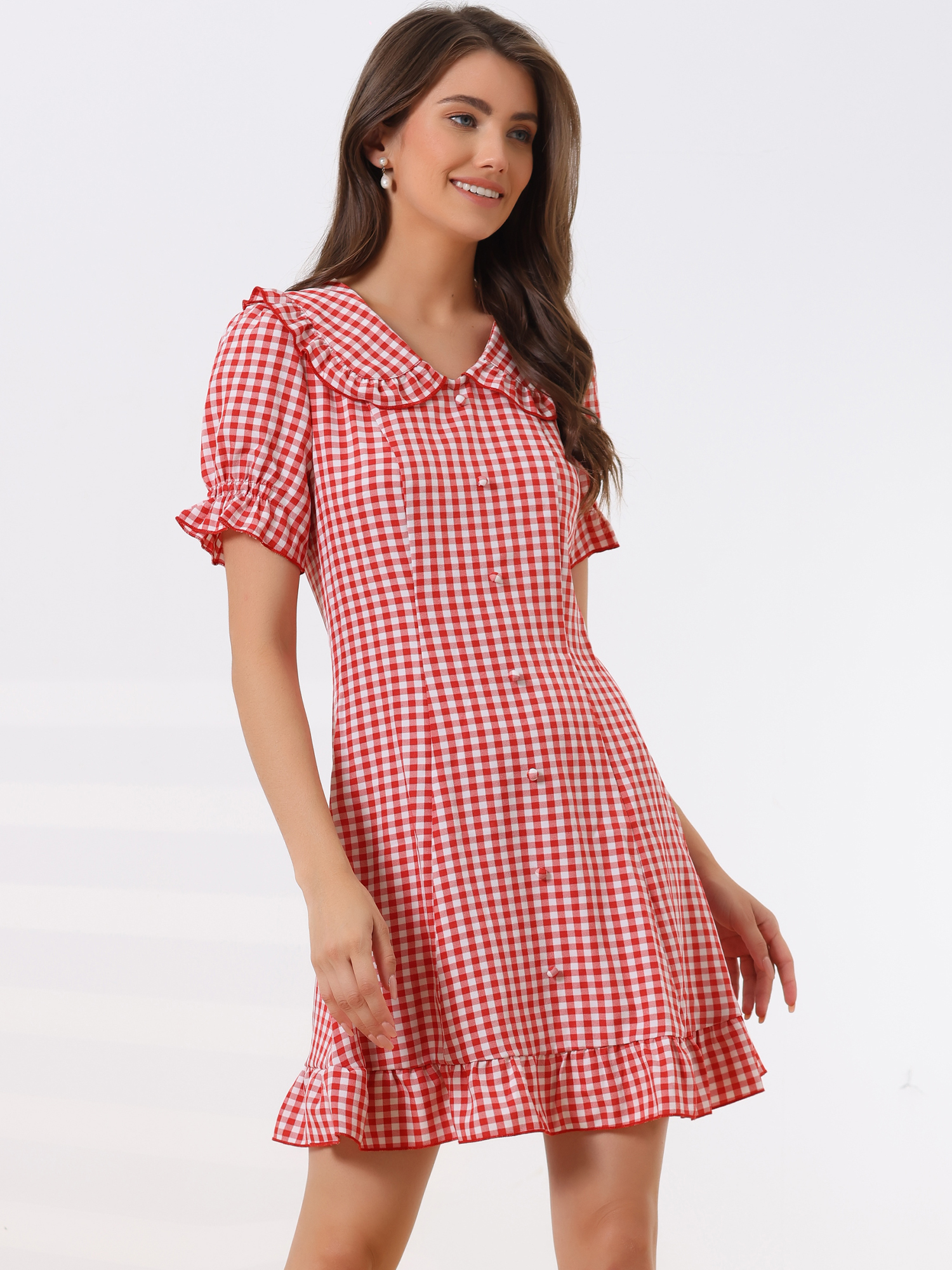 Gingham Checks Ruffled Peter Pan Collar 1960s Vintage Mini Dress Red/S