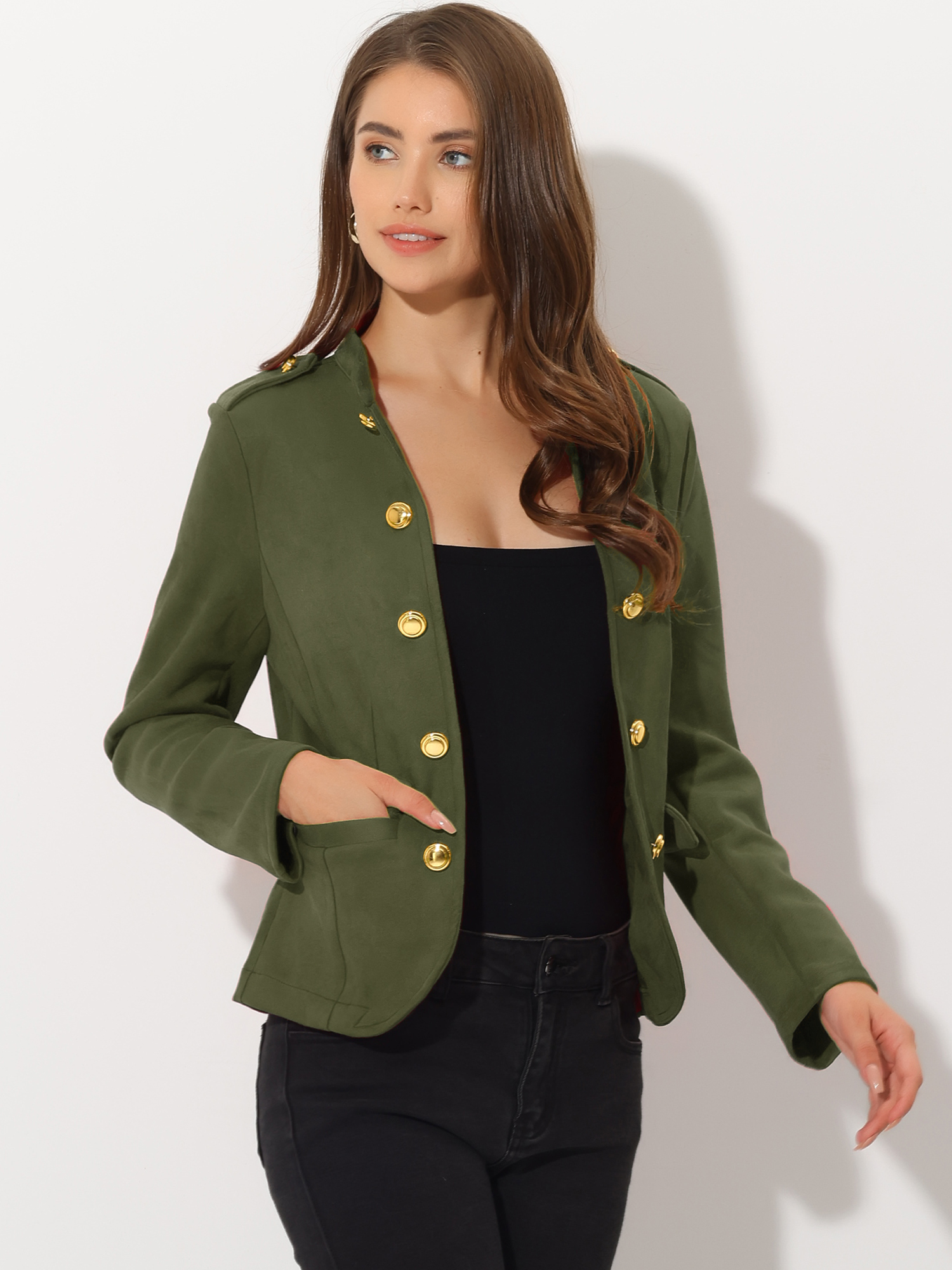 Vintage Open Front Steampunk Button Faux Suede Jacket Green/S