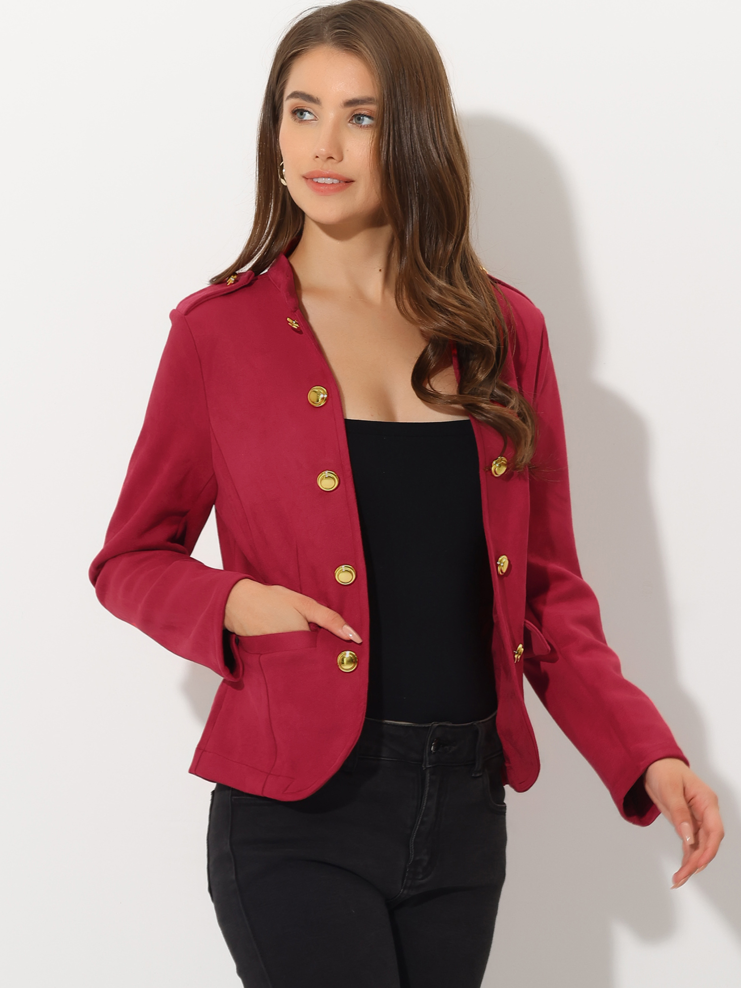 Vintage Open Front Steampunk Button Faux Suede Jacket Red/S