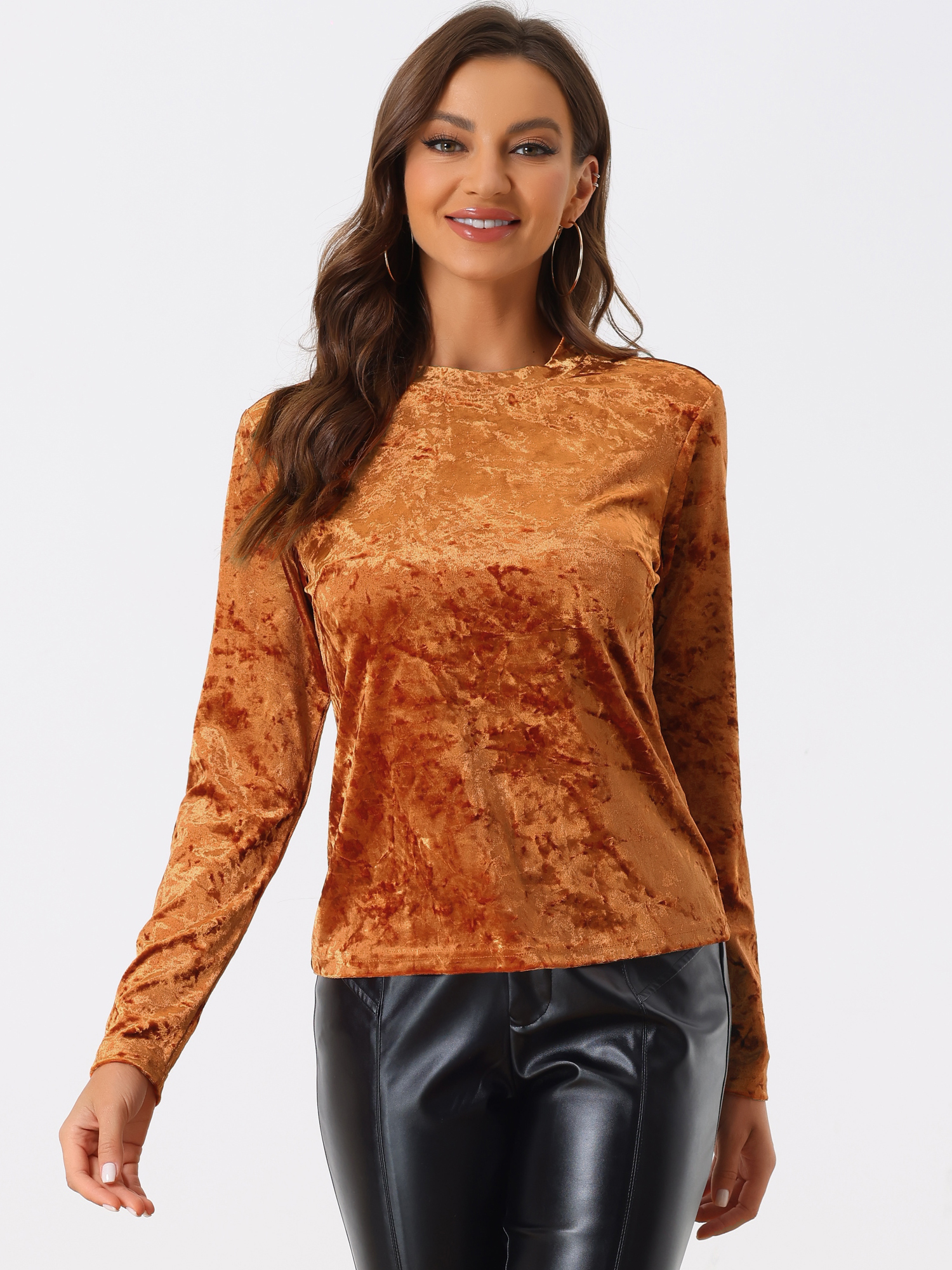 Casual Velvet Top Soft Vintage Crew Neck Long Sleeve T-Shirt Neon Brown/XL