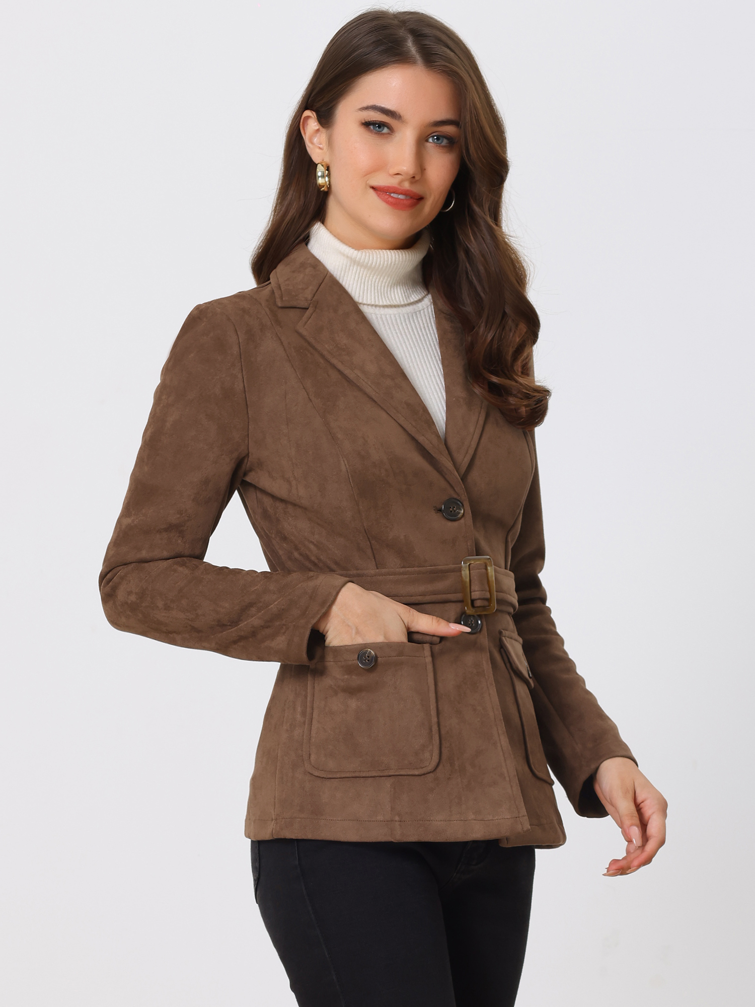Faux Suede Blazer Belted Lapel Outwear Single Breasted Work Jacket Dark Brown/XS