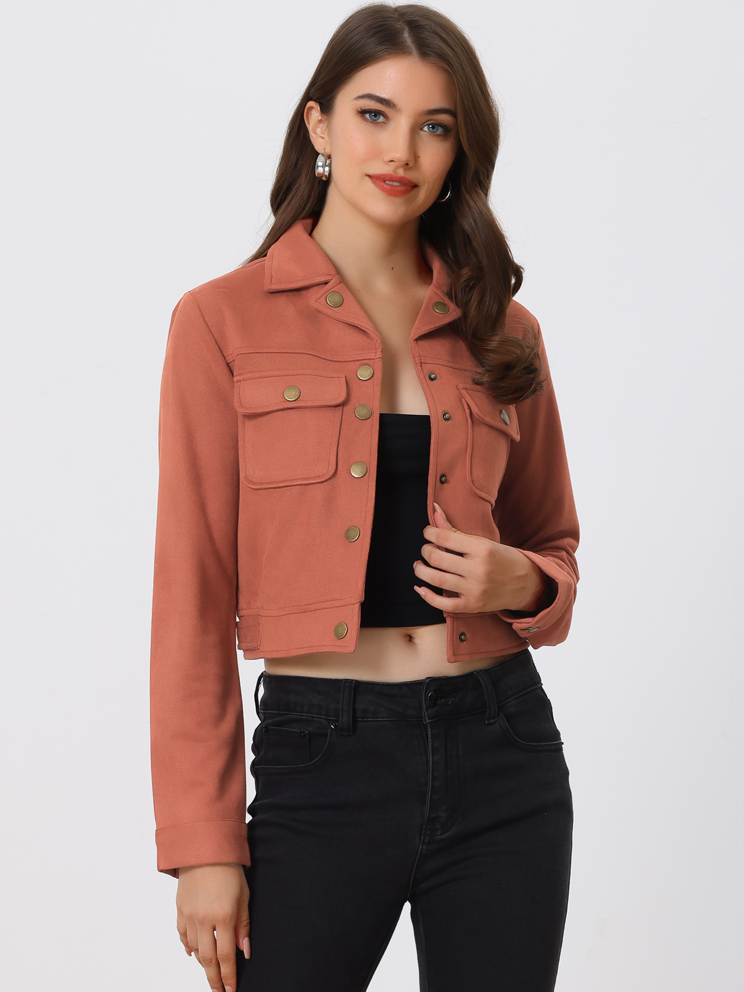 Faux Suede Jacket Button Down Collar Pockets Crop Moto Biker Coat Brown Red/L