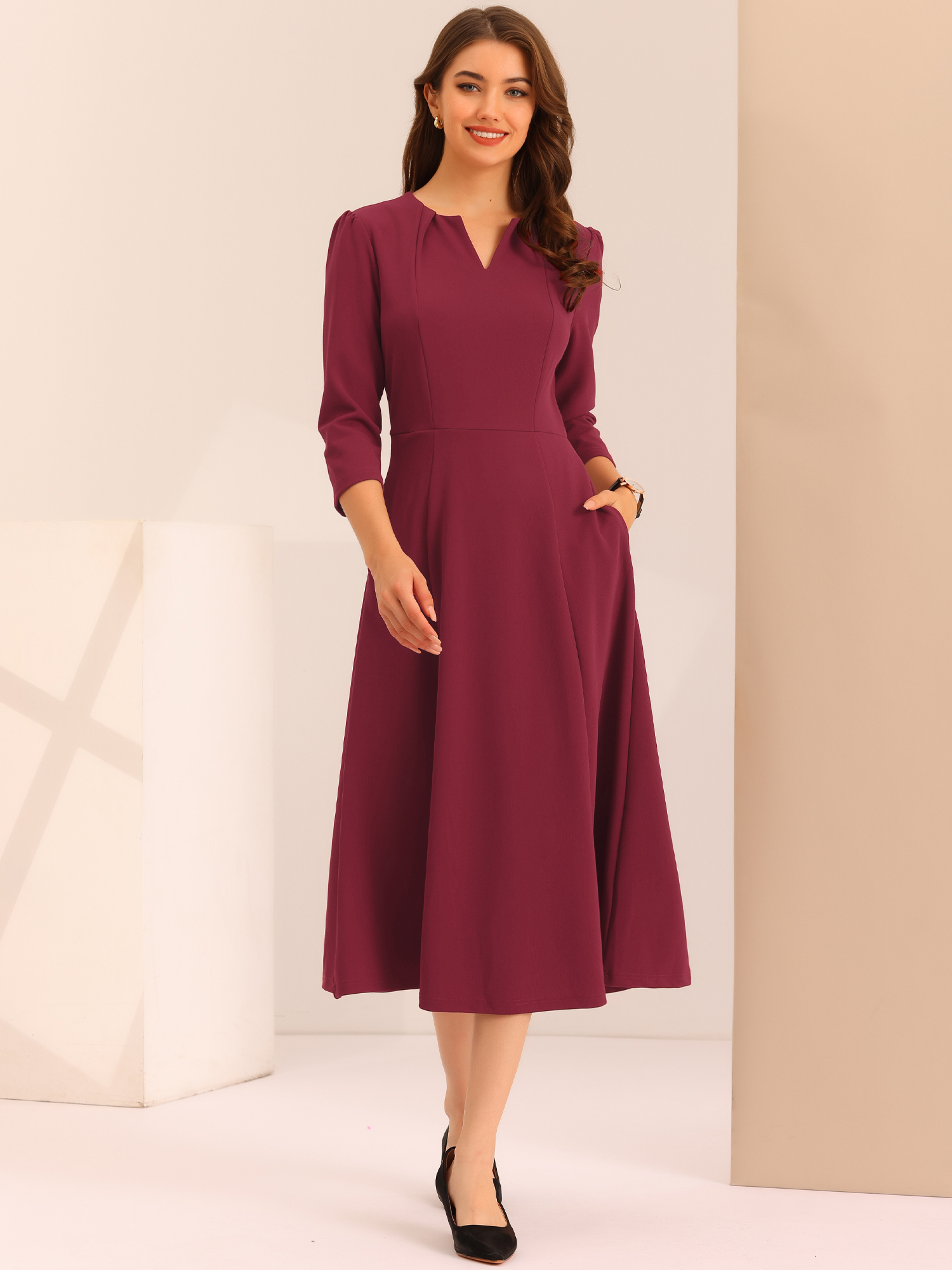 Notch Neck Pocketed 3/4 Sleeve Solid A-Line Work Dress Burgundy/M