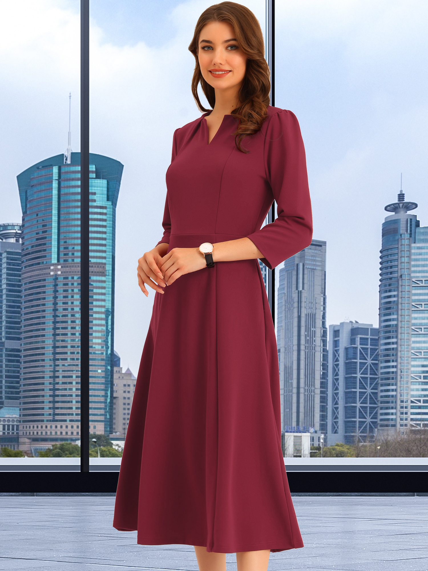 Notch Neck Pocketed 3/4 Sleeve Solid A-Line Work Dress Burgundy/L