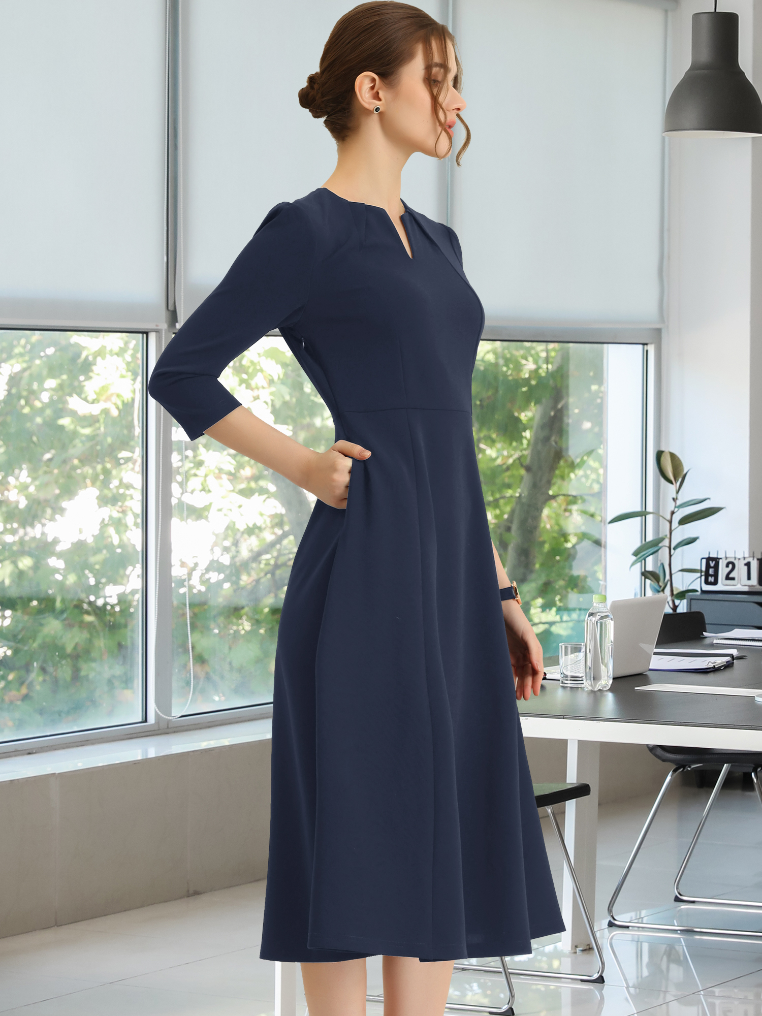 Notch Neck Pocketed 3/4 Sleeve Solid A-Line Work Dress Navy Blue/S