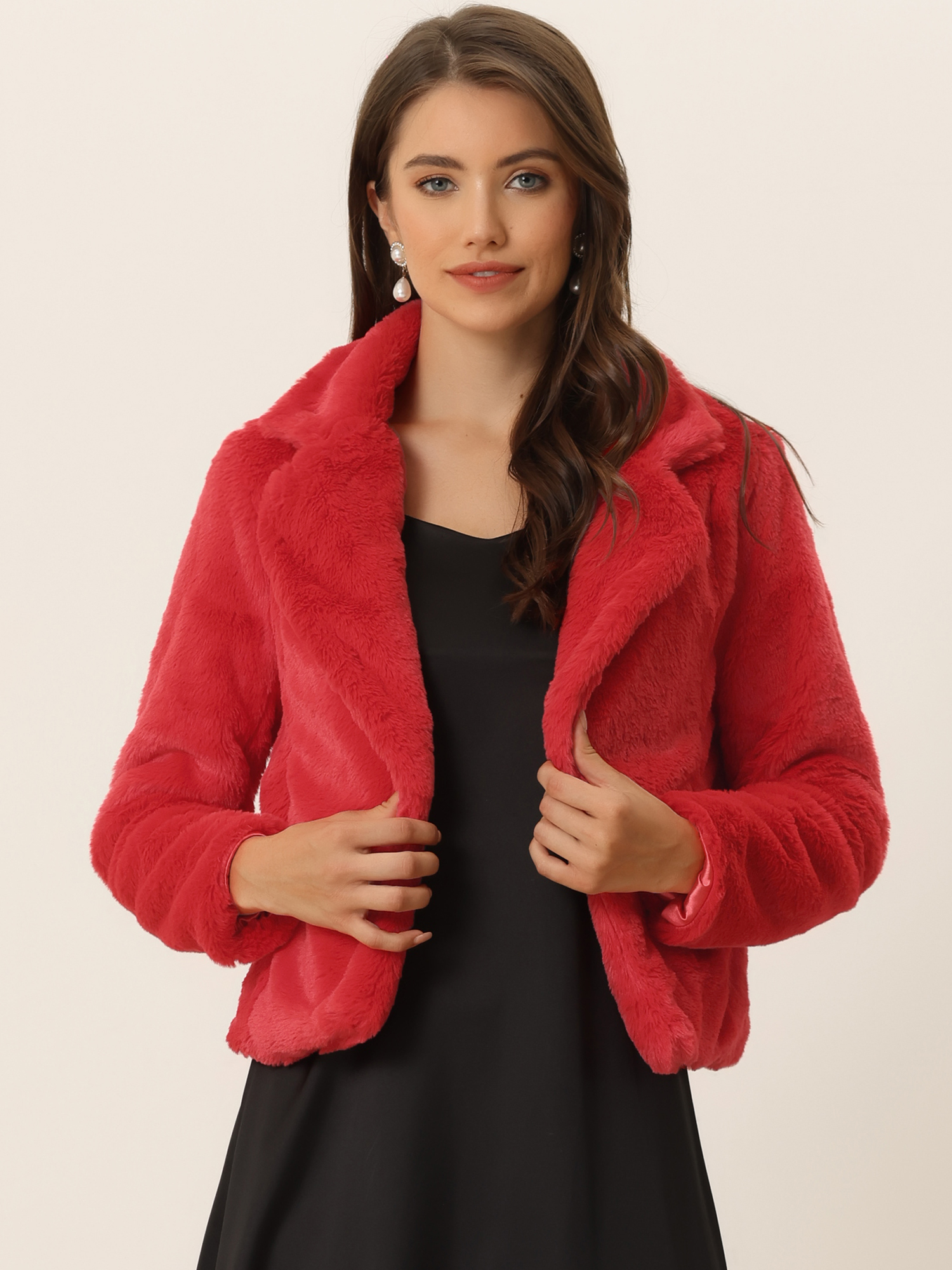Autumn Winter Cropped Jacket Notch Lapel Faux Fur Fluffy Coat Red/M