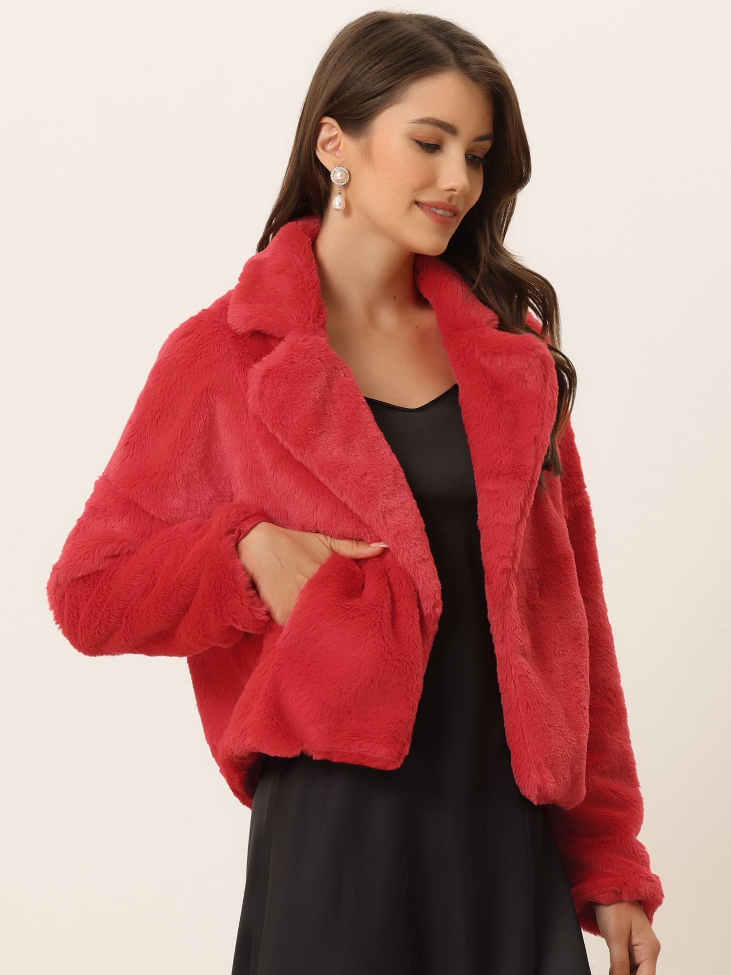 Allegra K Cropped Jacket Notch Lapel Faux Fur Fluffy Coat Red/L
