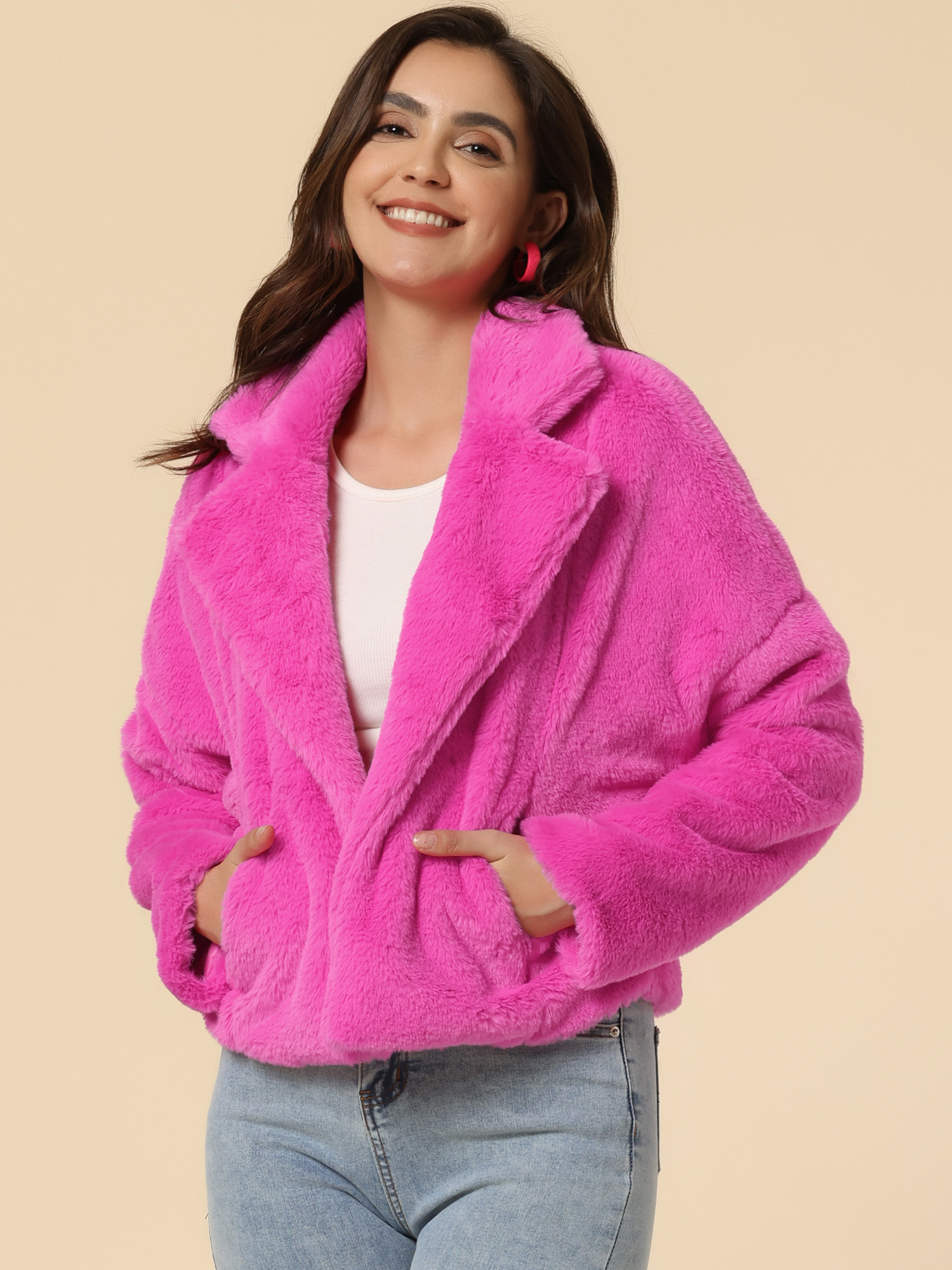 Allegra K Cropped Notch Lapel Faux Fur Fluffy Jacket Hot Pink/S