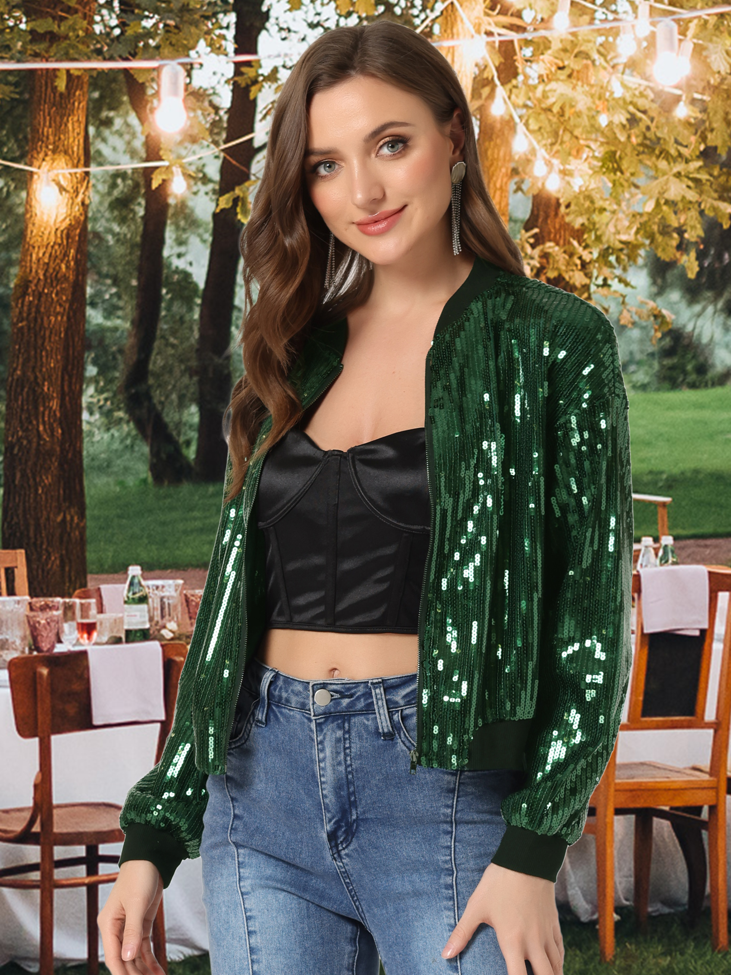 Sequin Sparkle Party Long Sleeve Zipper Bomber Jacket Dark Green/S