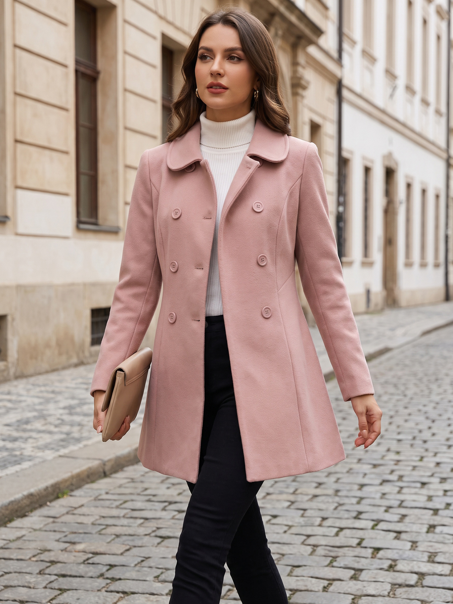 Peter Pan Collar Double Breasted Long Trench Pea Coat Dusty Pink/S