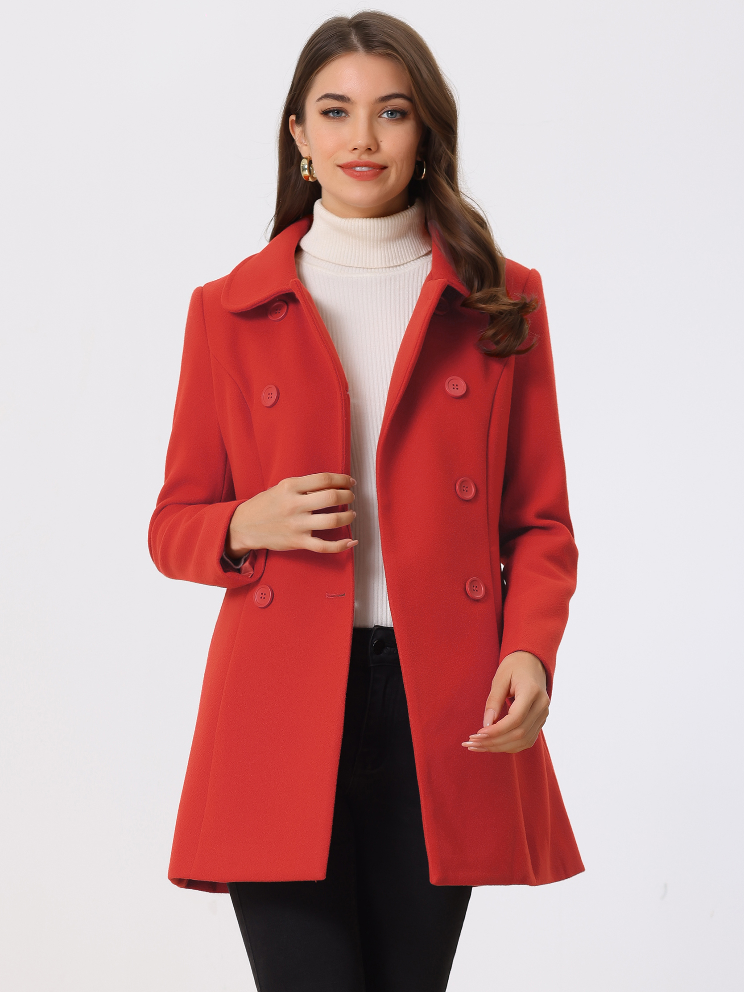 Peter Pan Collar Double Breasted Long Trench Pea Coat Red/L