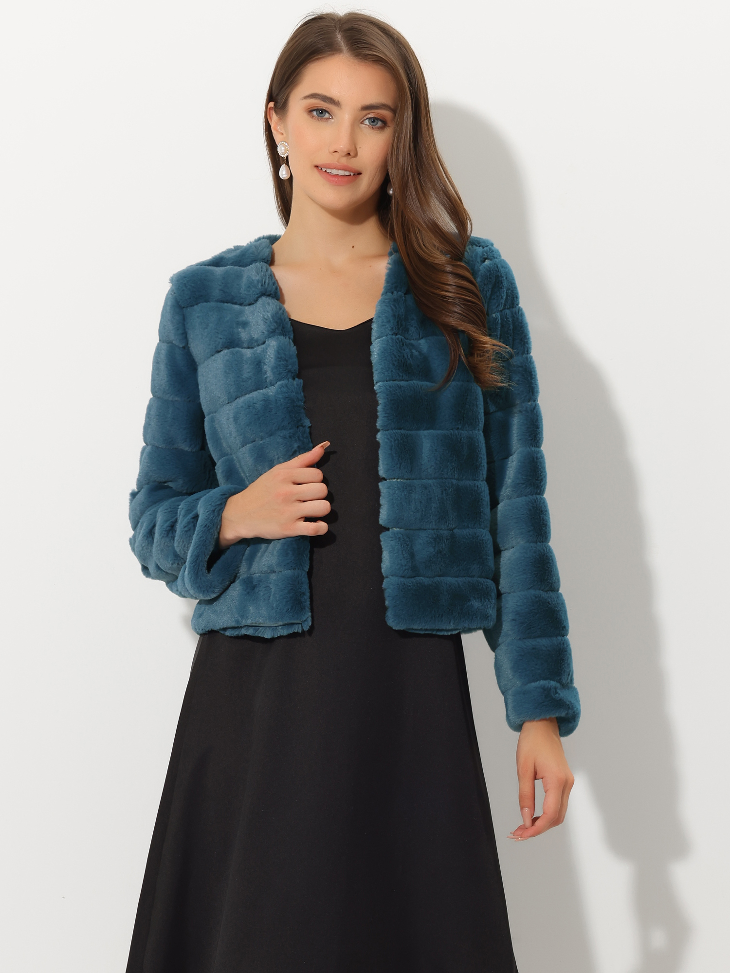Winter Warm Cropped Jacket Collarless Faux Fur Fluffy Coat Dark Grey Blue/L