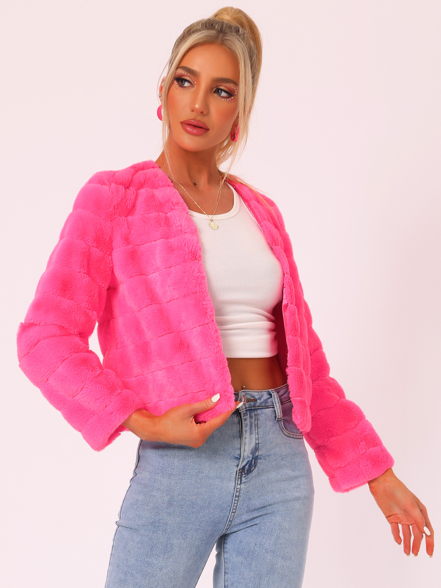 Winter Warm Cropped Collarless Faux Fur Fluffy Jacket Hot Pink/L