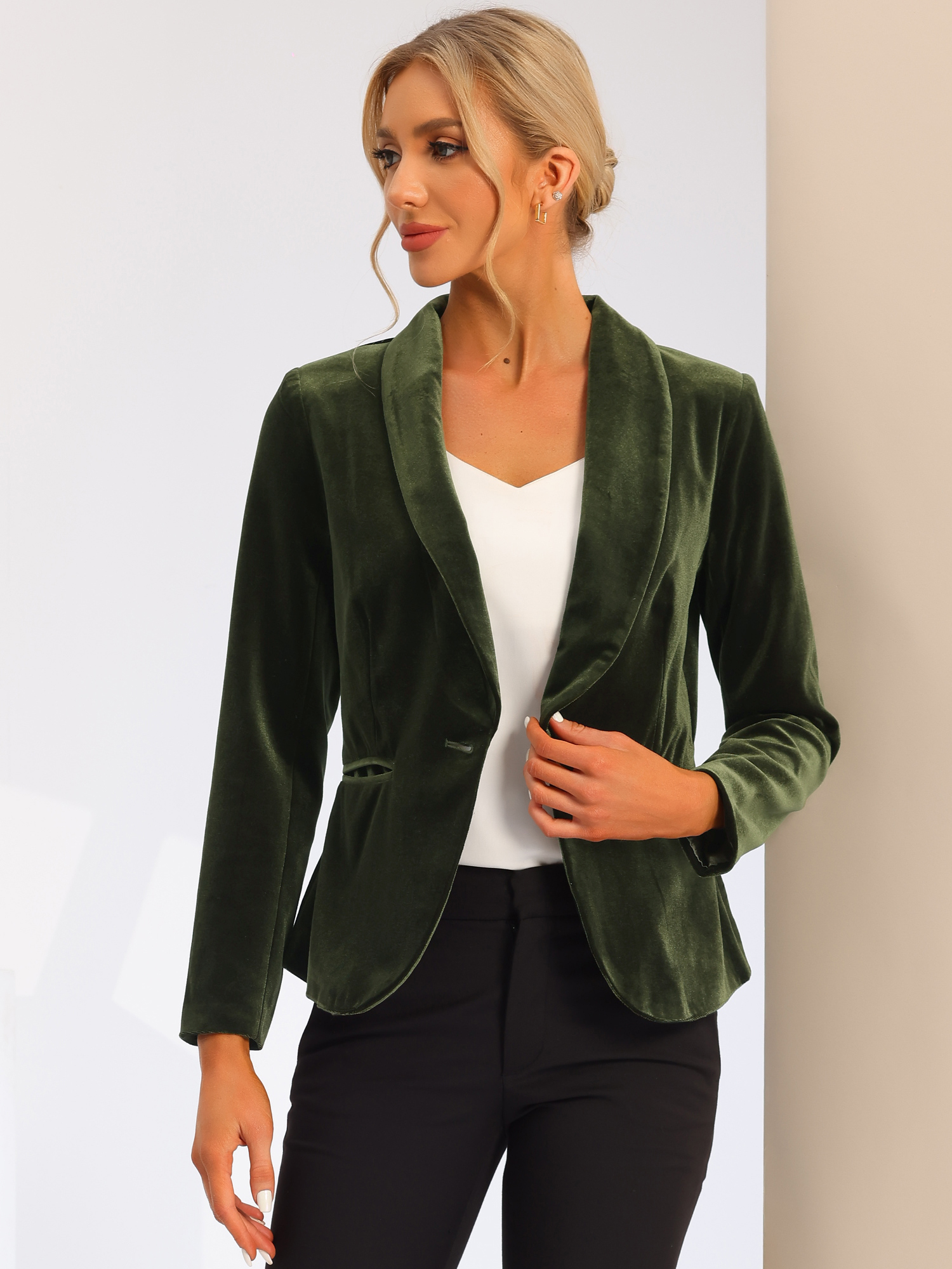 Solid Shawl Collar Single Button Velvet Blazer Olive Green/S