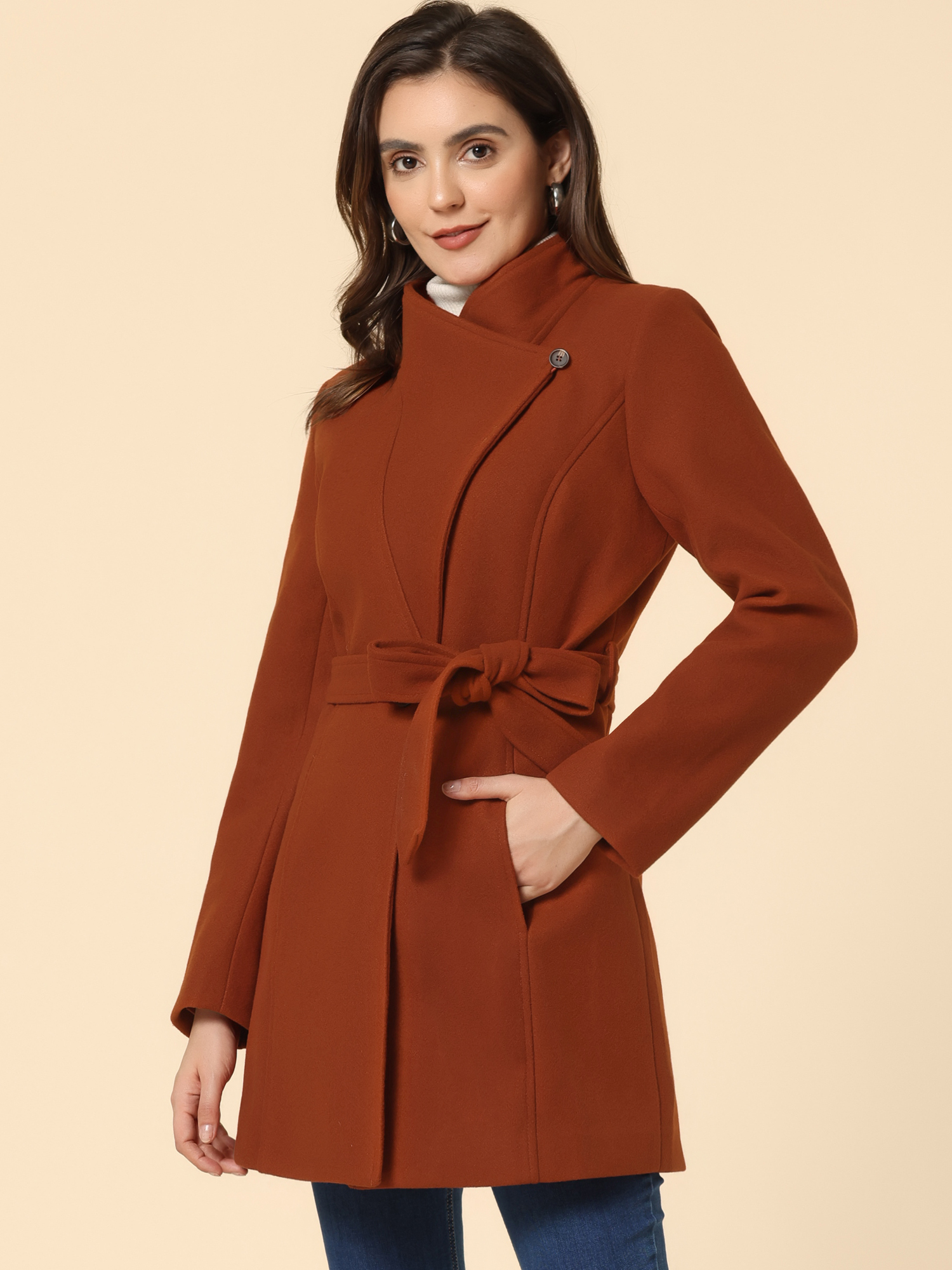 Classic Stand Collar Long Sleeve Winter Belted Coat Red Brown/M