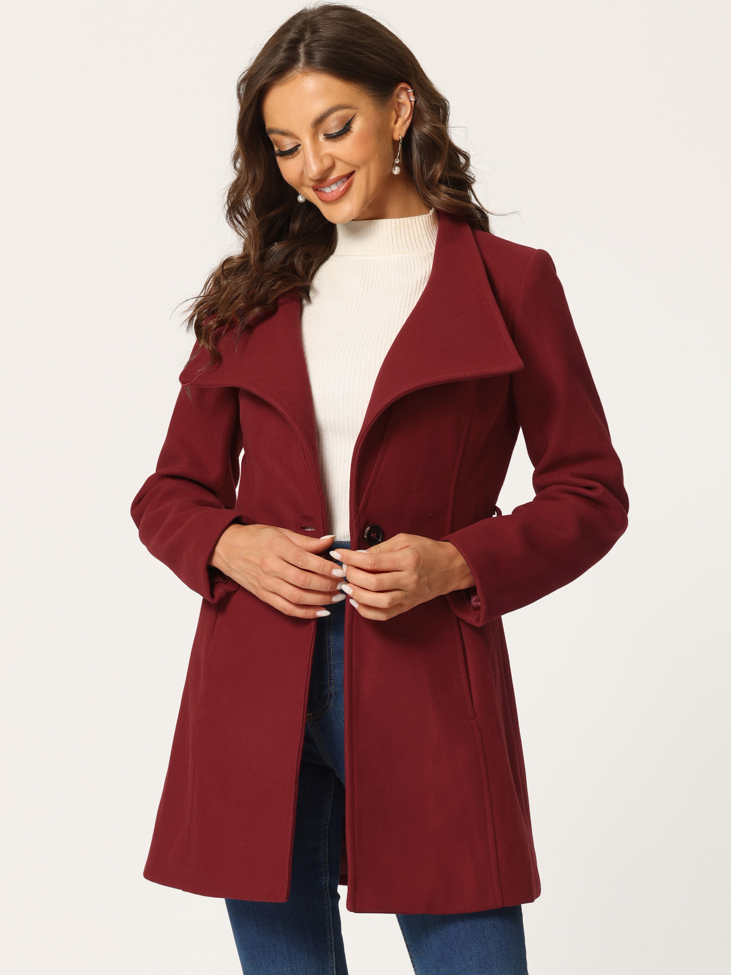 Classic Stand Collar Long Sleeve Winter Belted Coat Dark Red/L
