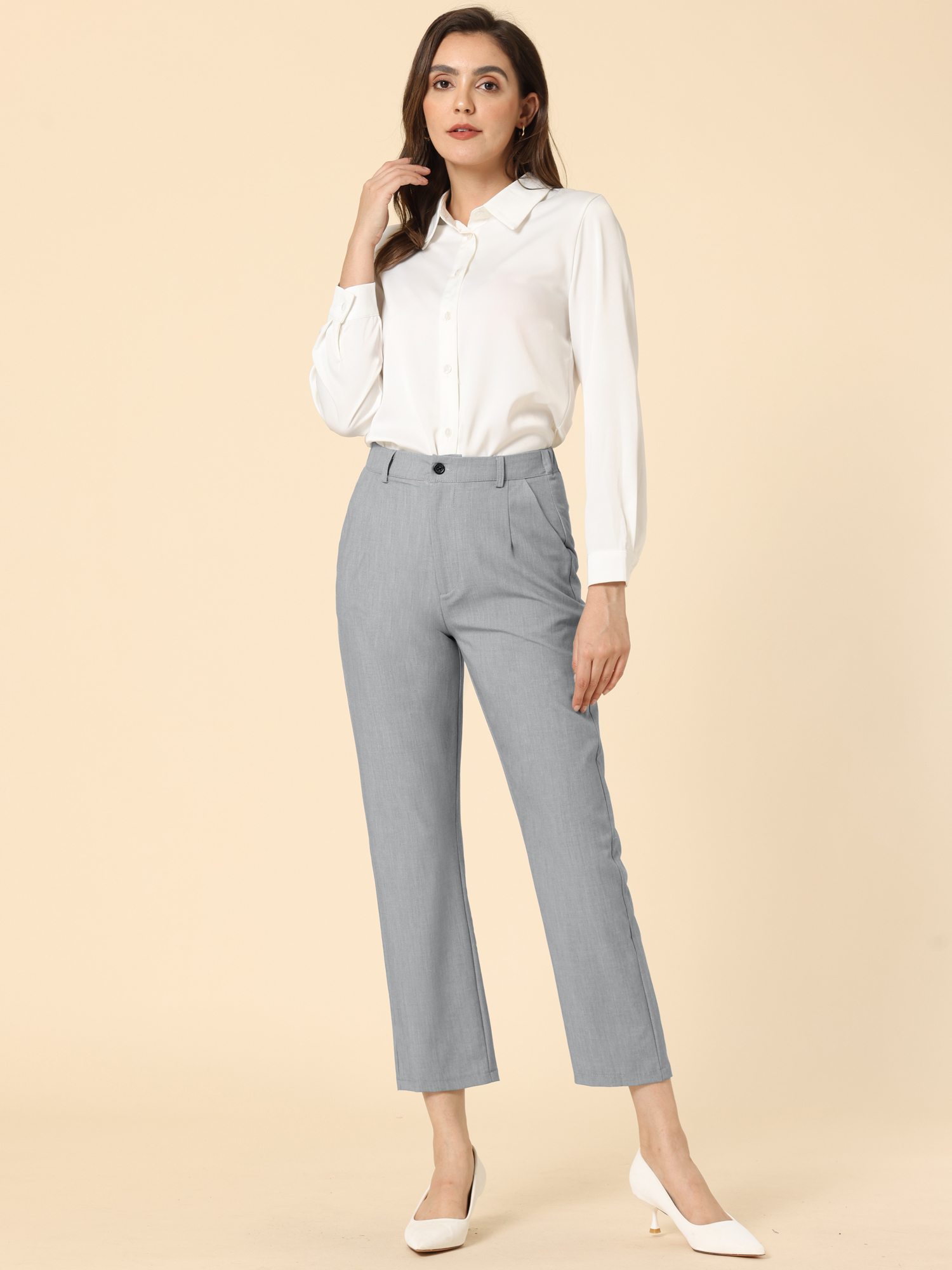 Plaid High Waist Elastic Back Office Work Ankle Pants Gray Solid/L
