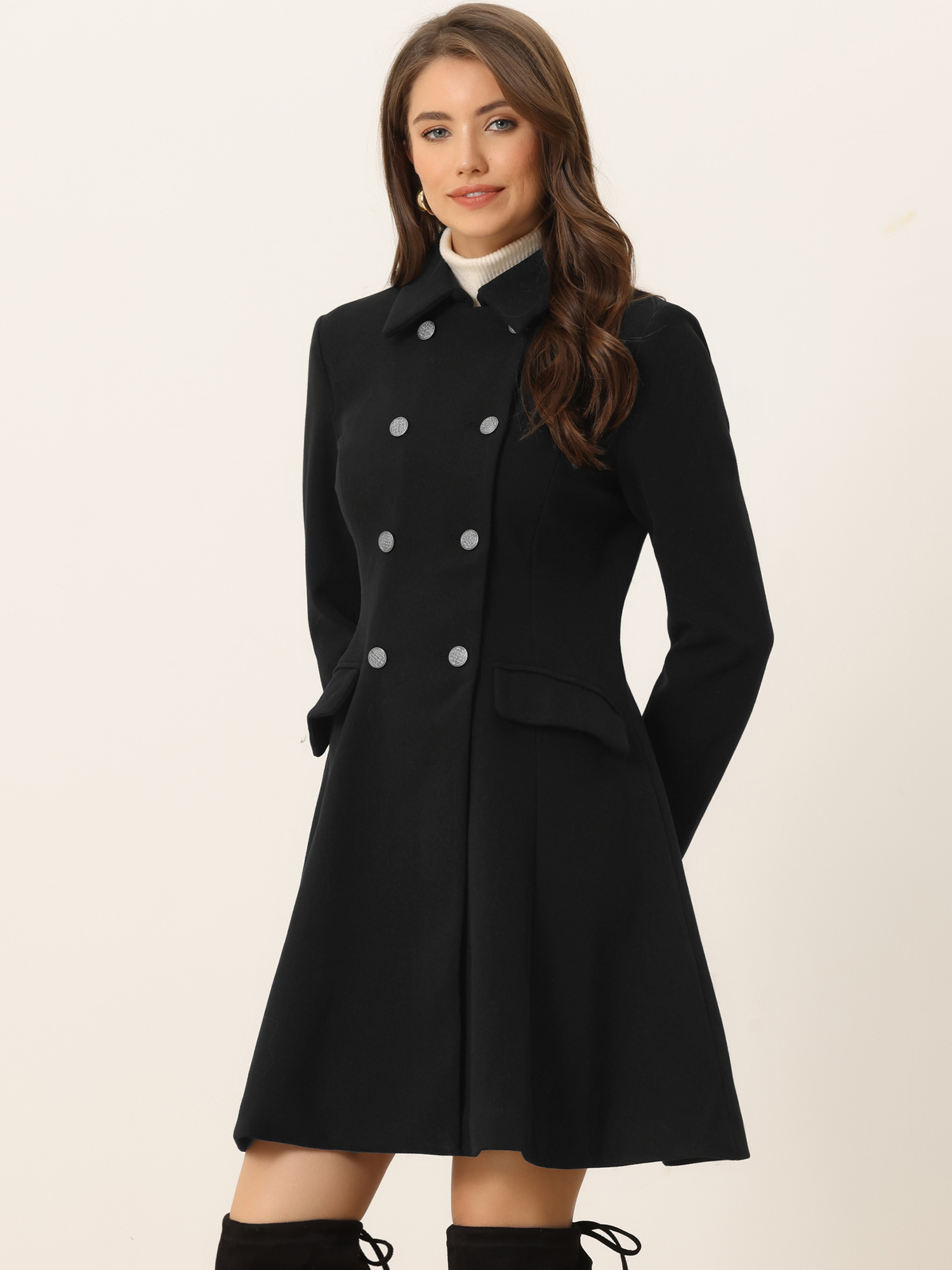 Winter Double Breasted Vintage A-line Flare Long Coat Black/XL