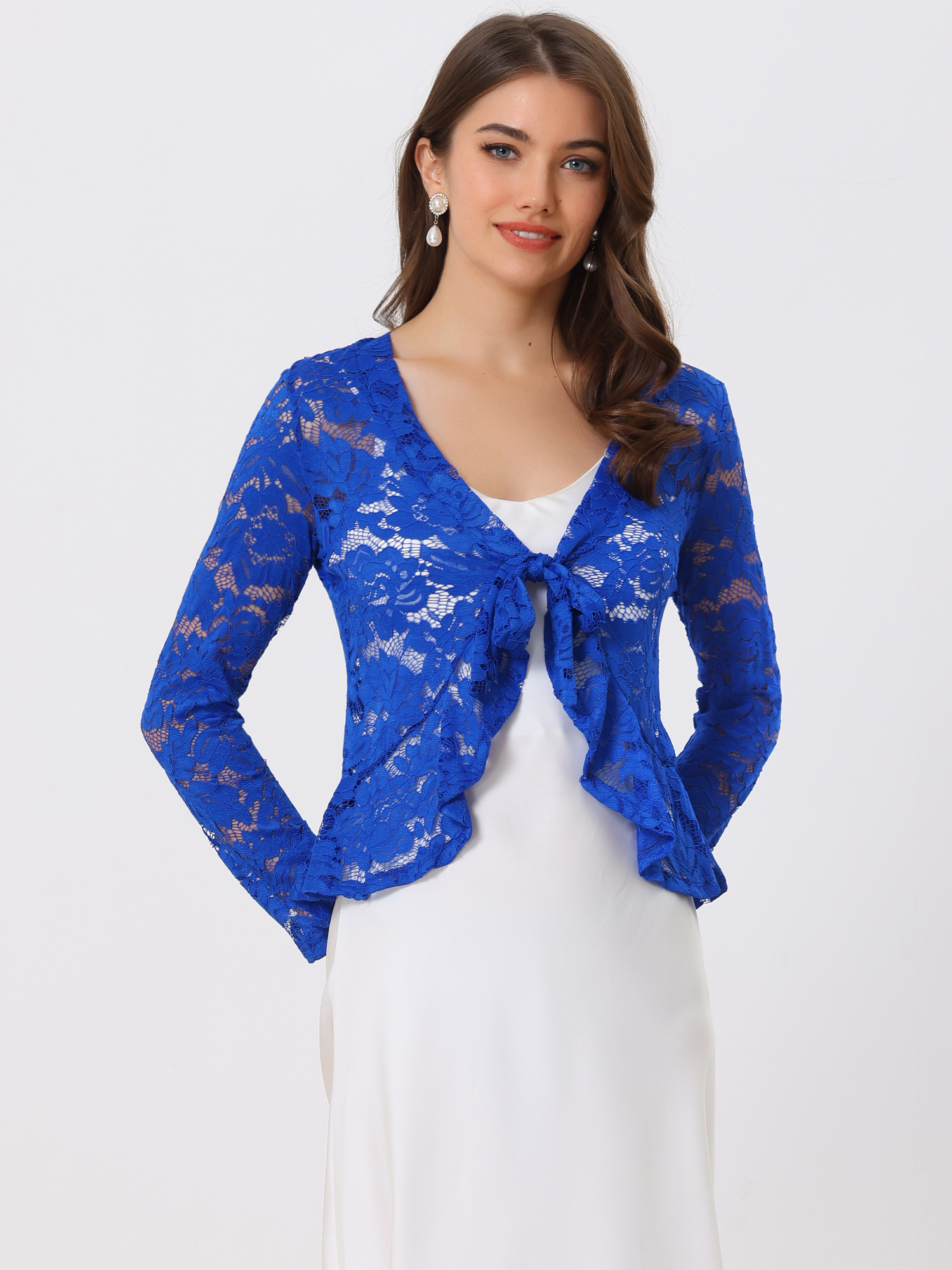 Floral Lace Tie Front Ruffled Hem Sheer Crop Bolero Shrug Royal Blue/L