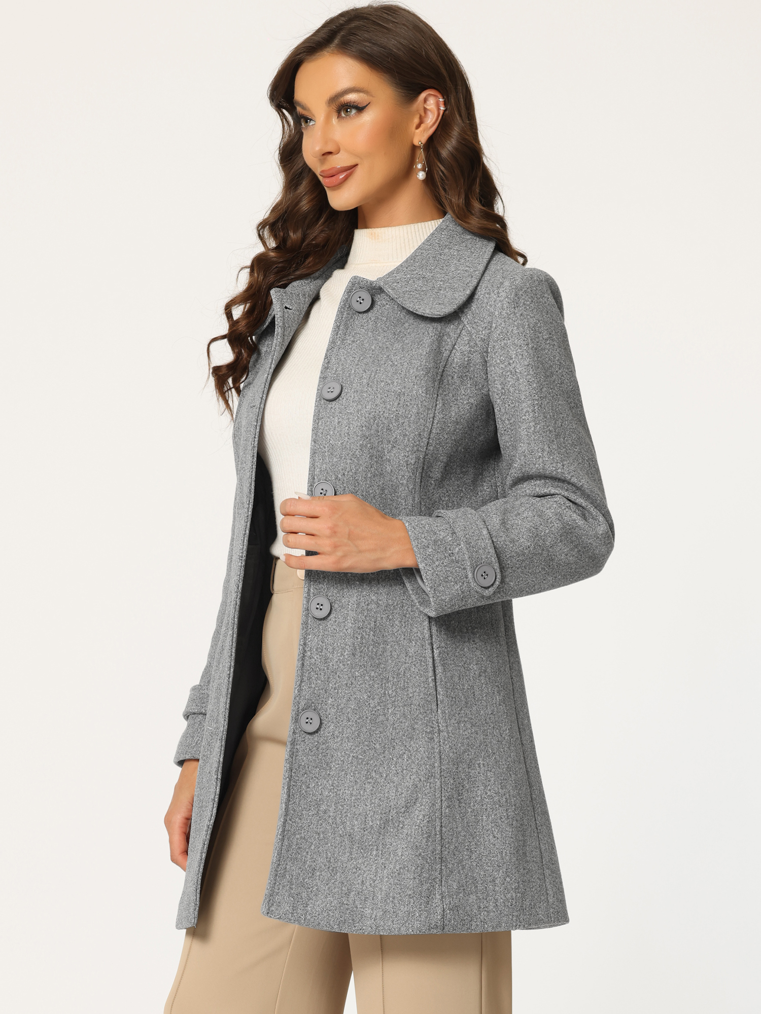 Peter Pan Collar Single Breasted Winter Outwear Buttoned Long Coat Grey/S