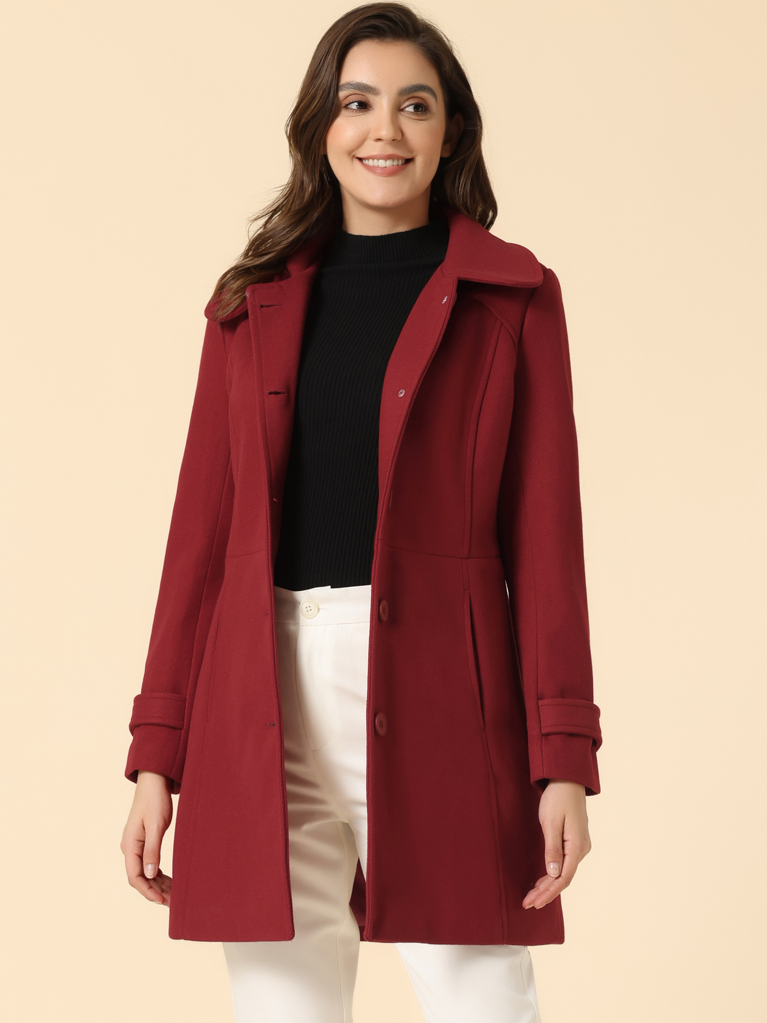 Peter Pan Collar Single Breasted Winter Outwear Buttoned Long Coat Red/S