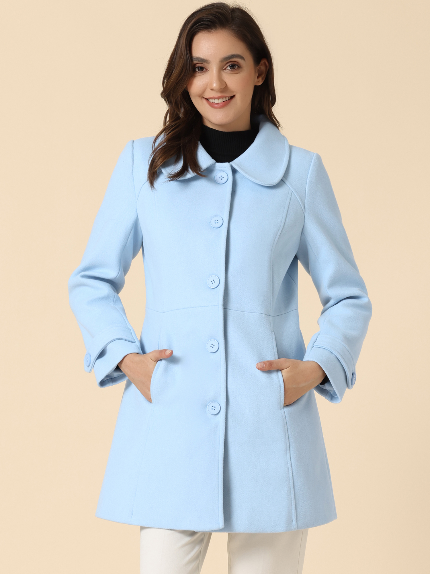 Peter Pan Collar Single Breasted Winter Outwear Buttoned Long Coat Light Blue/S