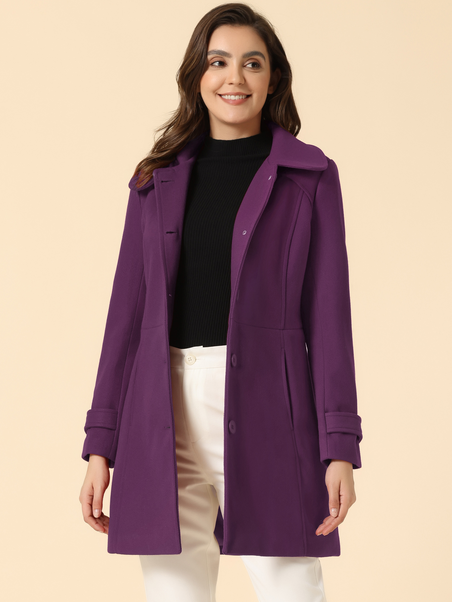 Peter Pan Collar Single Breasted Winter Outwear Buttoned Long Coat Purple/S