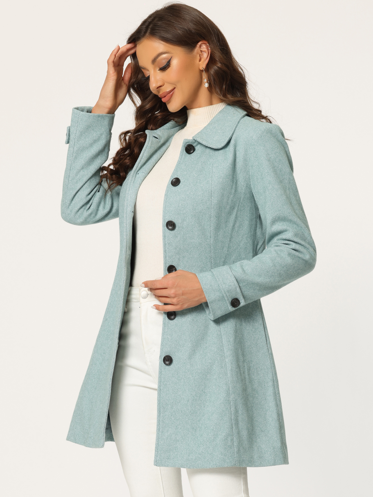 Peter Pan Collar Single Breasted Overcoat Winter Pea Coat Light Green/L