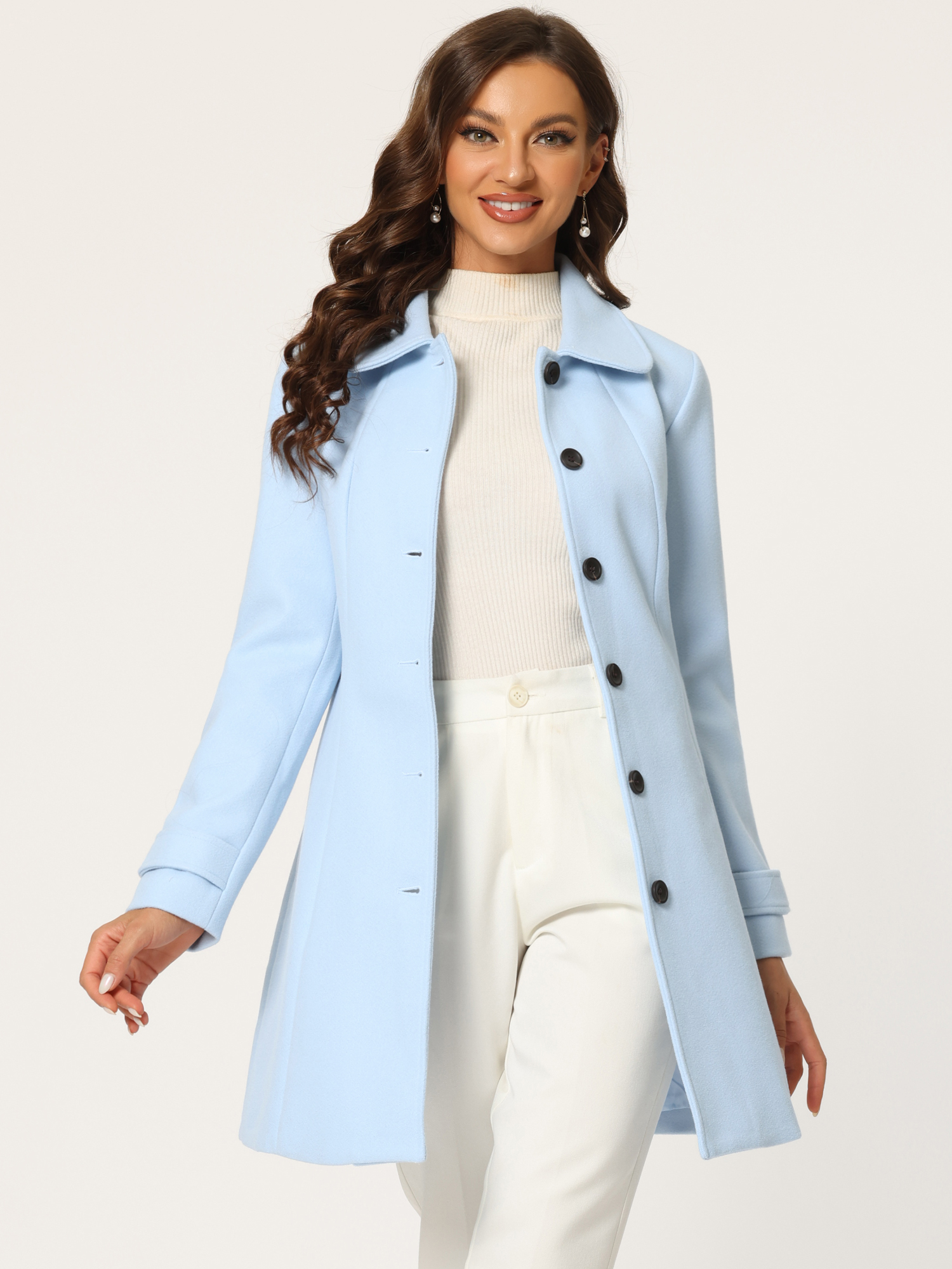 Peter Pan Collar Single Breasted Overcoat Winter Pea Coat Solid Light Blue/XL