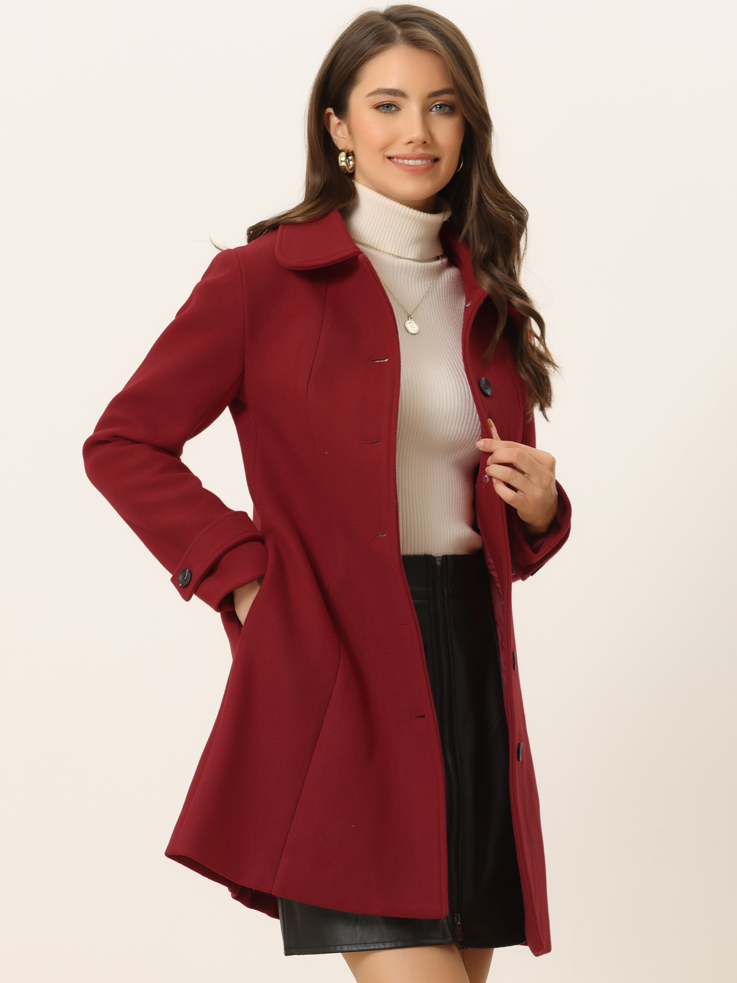 Peter Pan Collar Single Breasted Overcoat Winter Pea Coat Solid Red/L