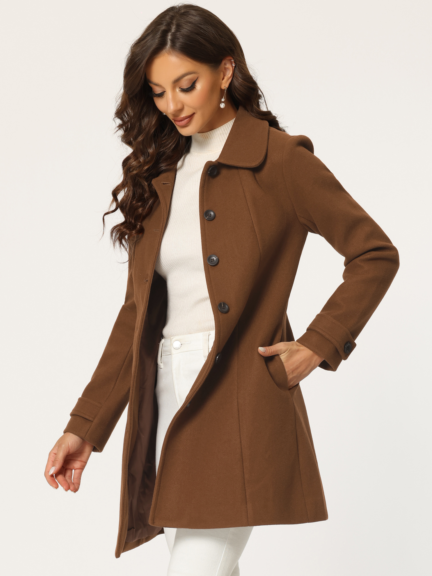Peter Pan Collar Single Breasted Overcoat Winter Pea Coat Solid Brown/XL
