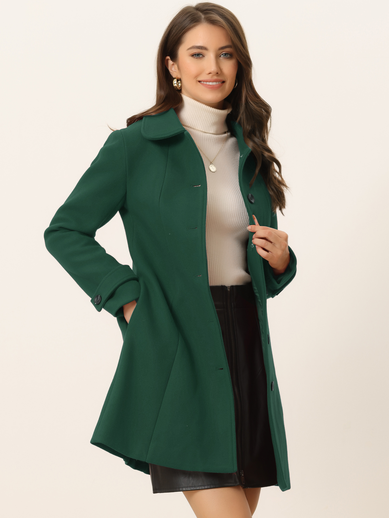 Peter Pan Collar Single Breasted Overcoat Winter Pea Coat Solid Dark Green/XS
