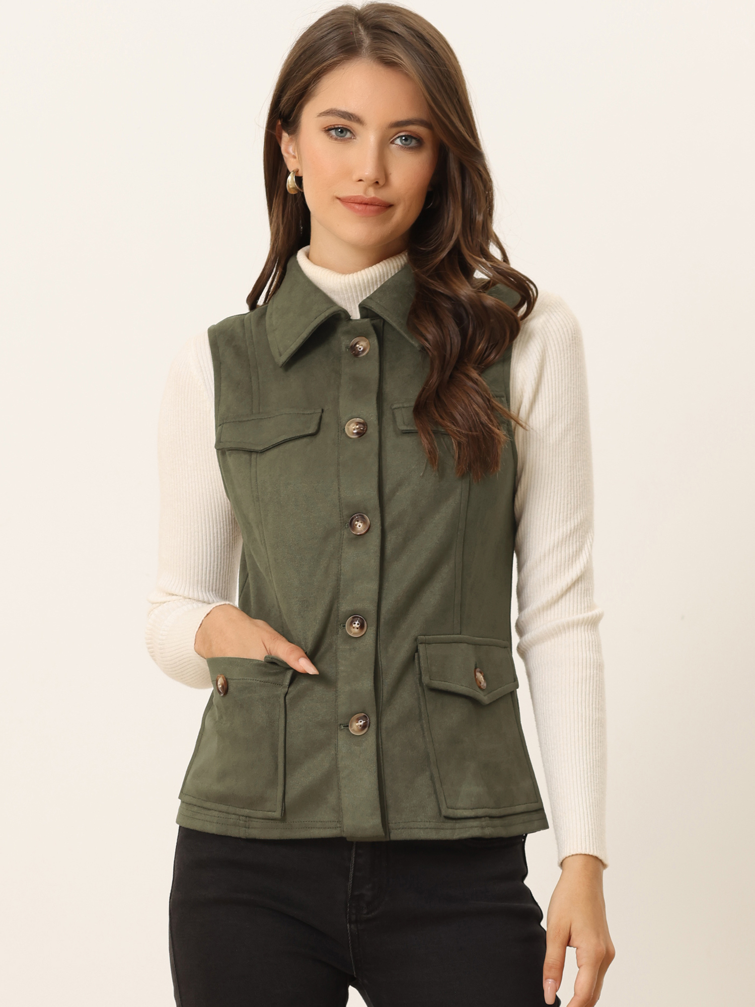 Faux Suede Vest Utility Buttoned Sleeveless Jacket with Cargo Pocket Army Green/L
