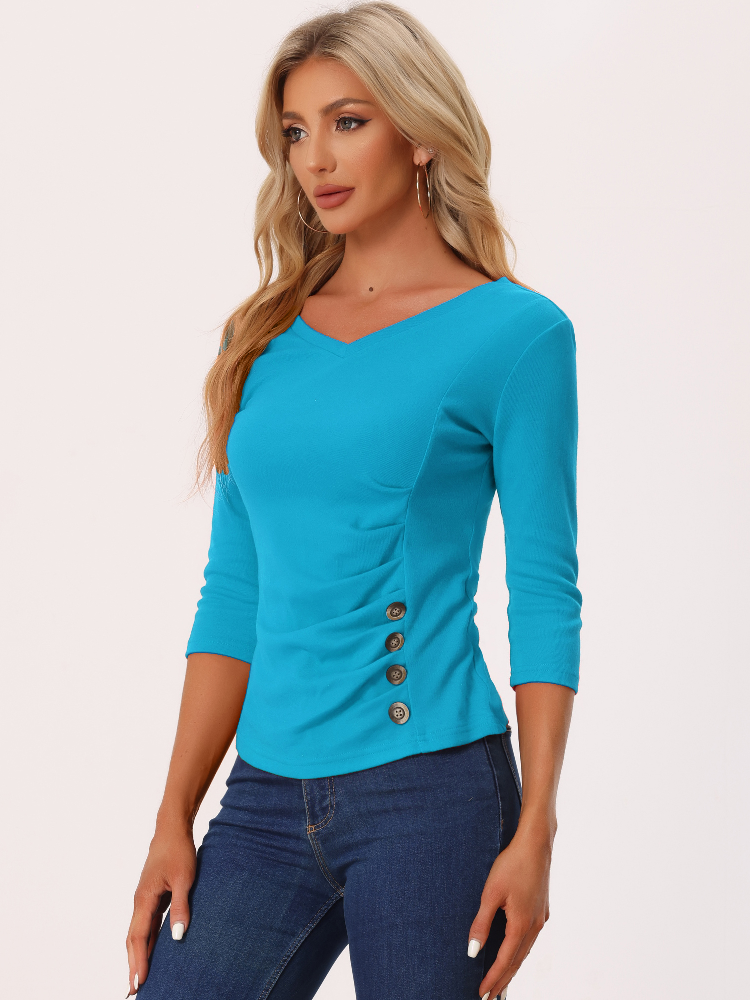 V Neck 3/4 Sleeves Solid Knitted Button Decor Ruched Blouse Lake Blue/S