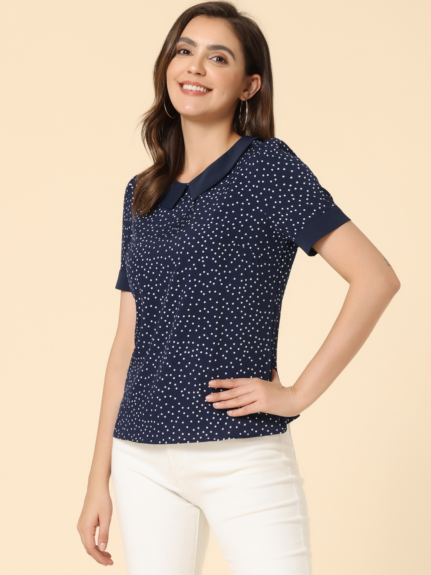 Peter Pan Collar Vintage Polka Dots Short Sleeves Blouse Navy Blue/M
