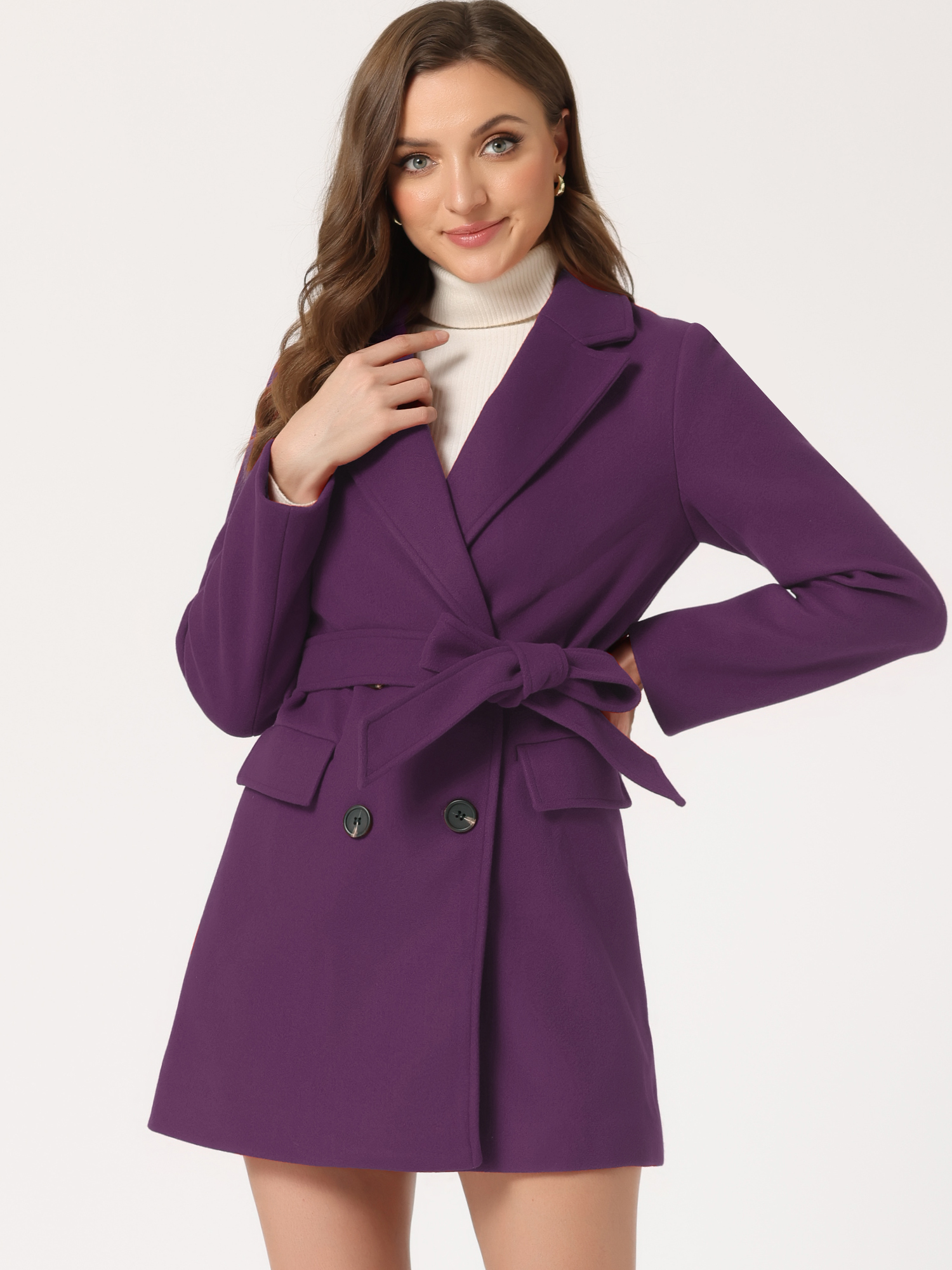 Notch Lapel Double Breasted Belted Mid Long Outwear Winter Coat Deep Purple/S