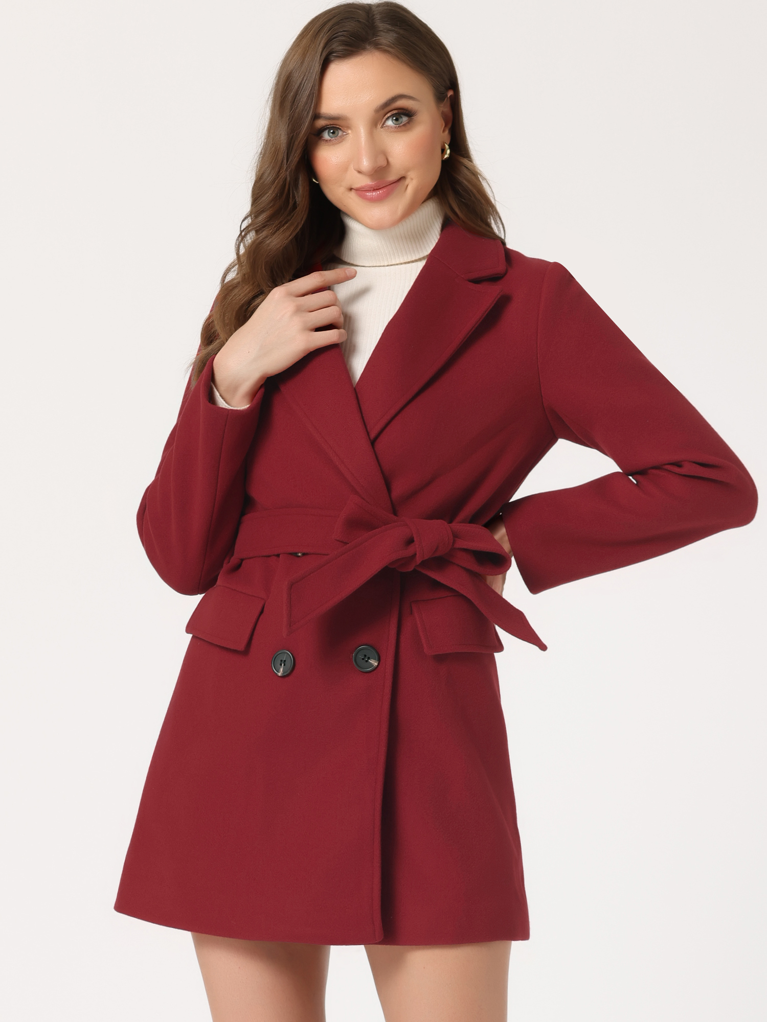 Notch Lapel Double Breasted Belted Mid Long Outwear Winter Coat Dark Red/M