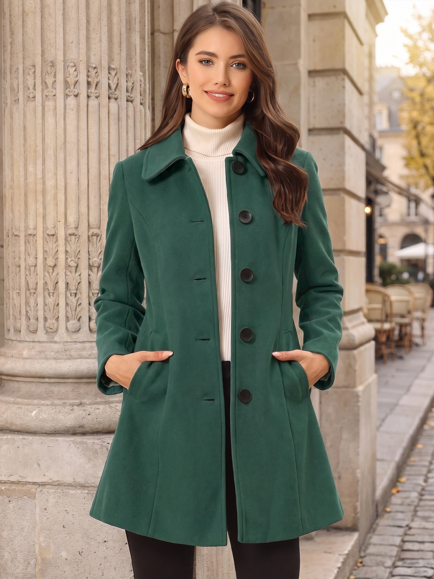 Solid Winter Single Breasted Long Warm Pocketed Pea Coat Dark Green/XL