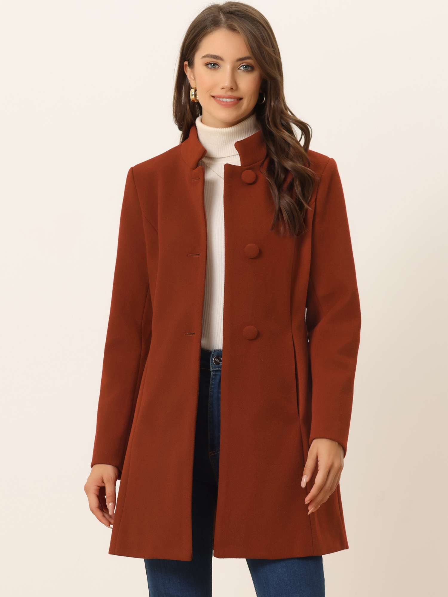 Mid-thigh Stand Collar Single Breasted Long Coat Red/S