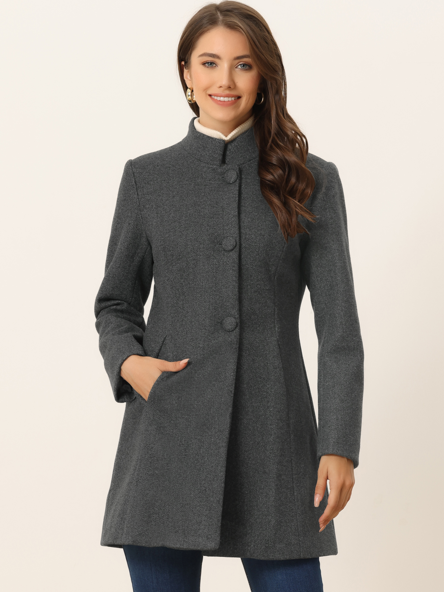 Stand Collar Single Breasted Solid Color Pea Coat Deep Grey/L